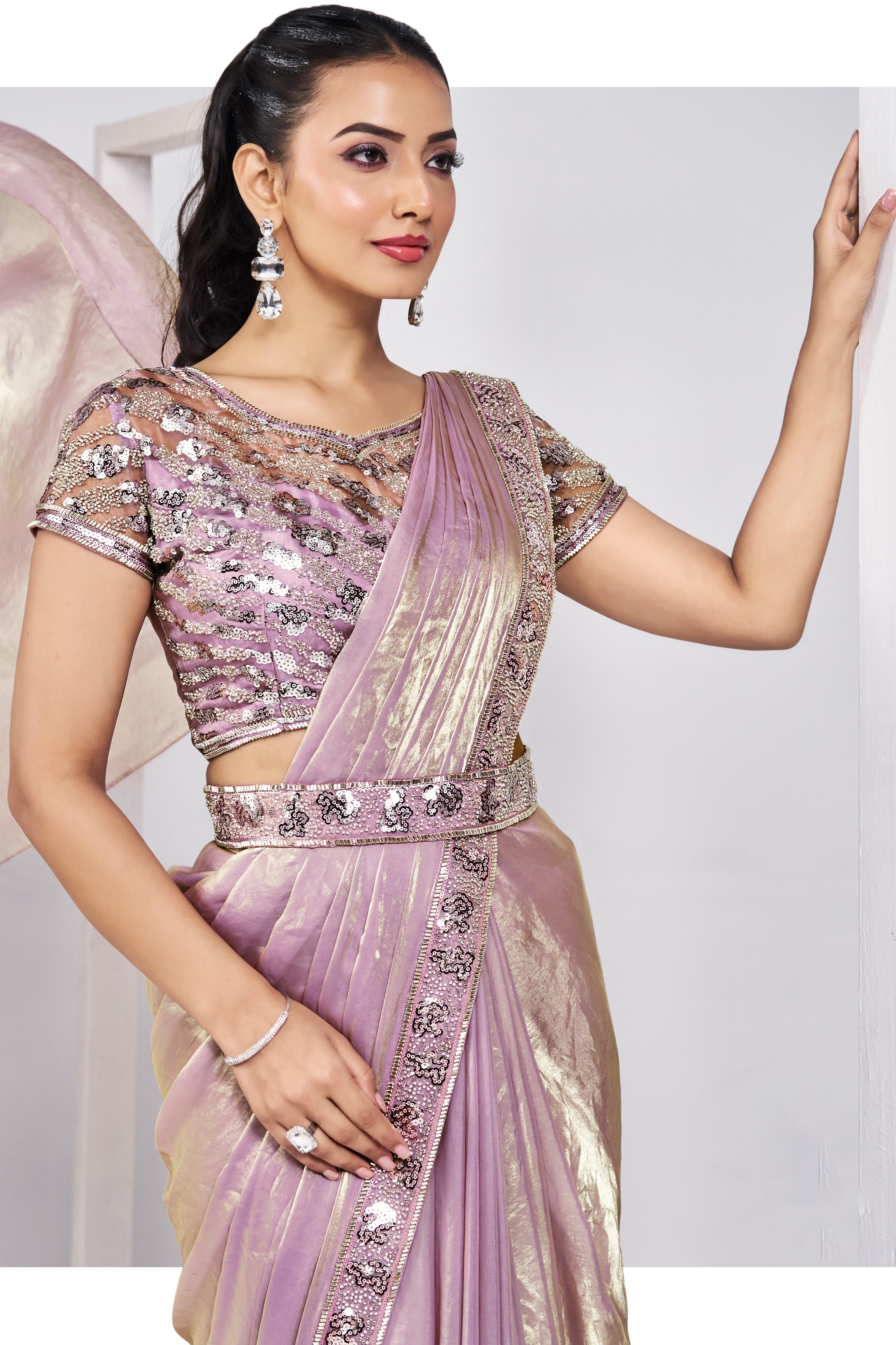 Rose Gold Embellished Satin Silk Saree