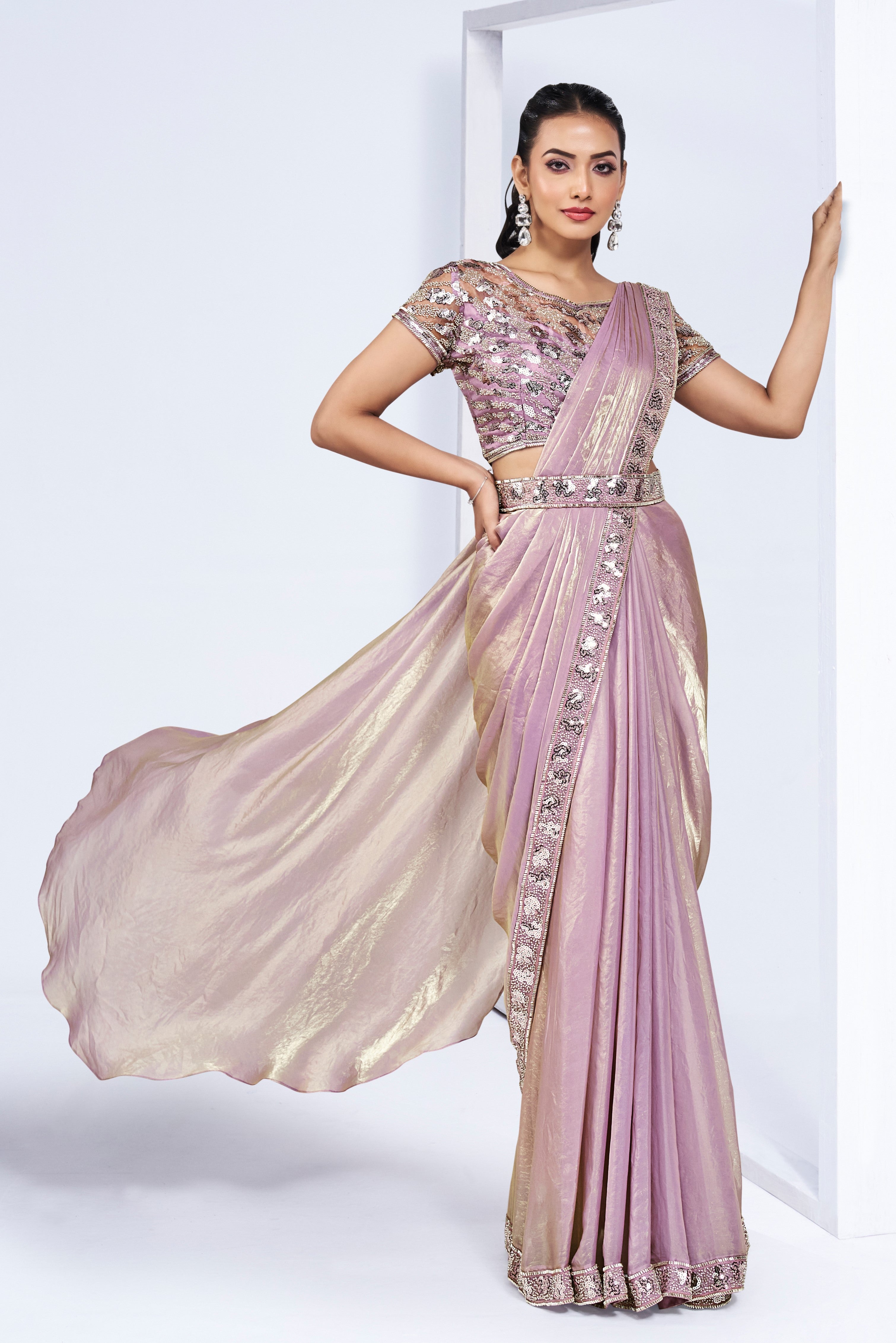 Rose Gold Embellished Satin Silk Saree