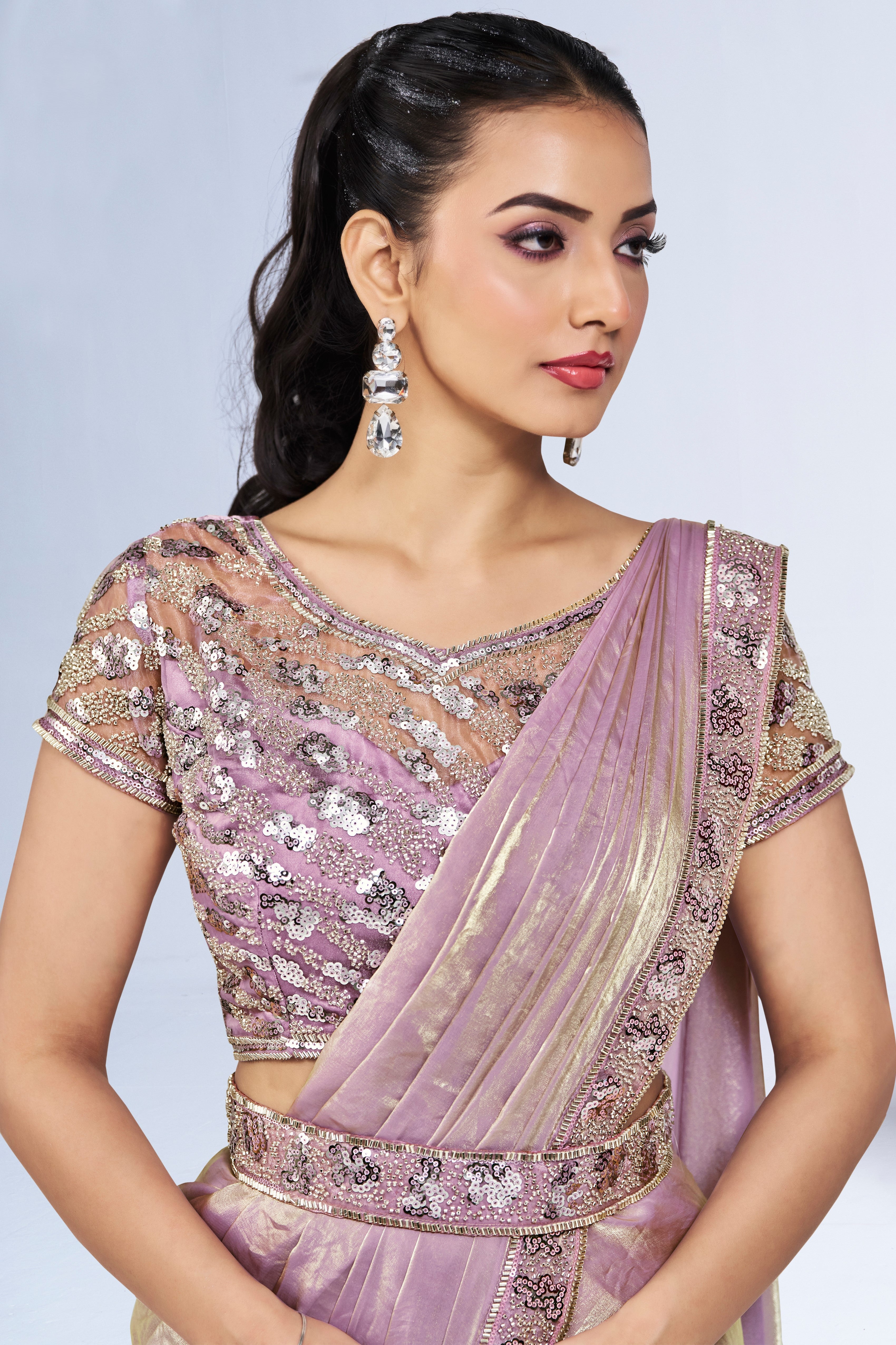 Rose Gold Embellished Satin Silk Saree