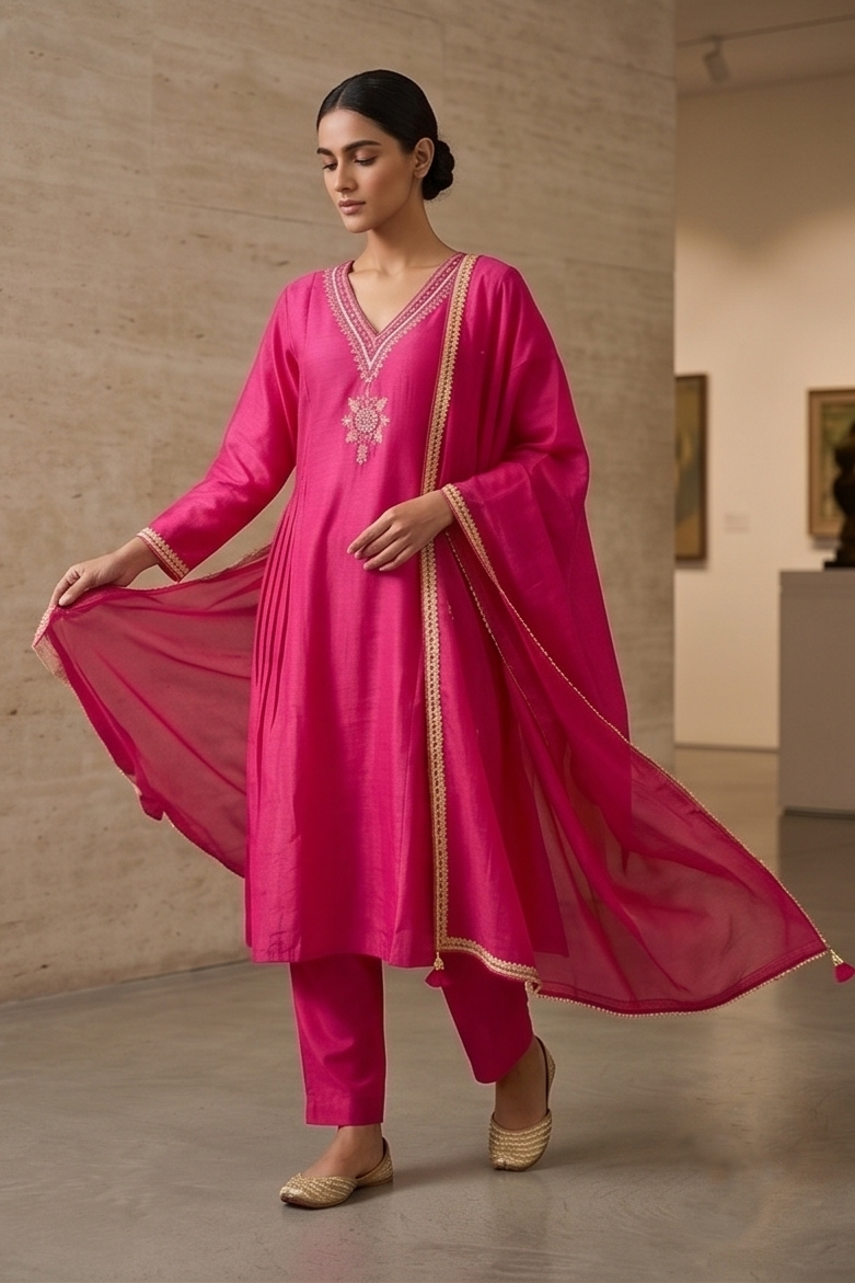 Fuchsia Pink Mul Chanderi Silk Suit Set