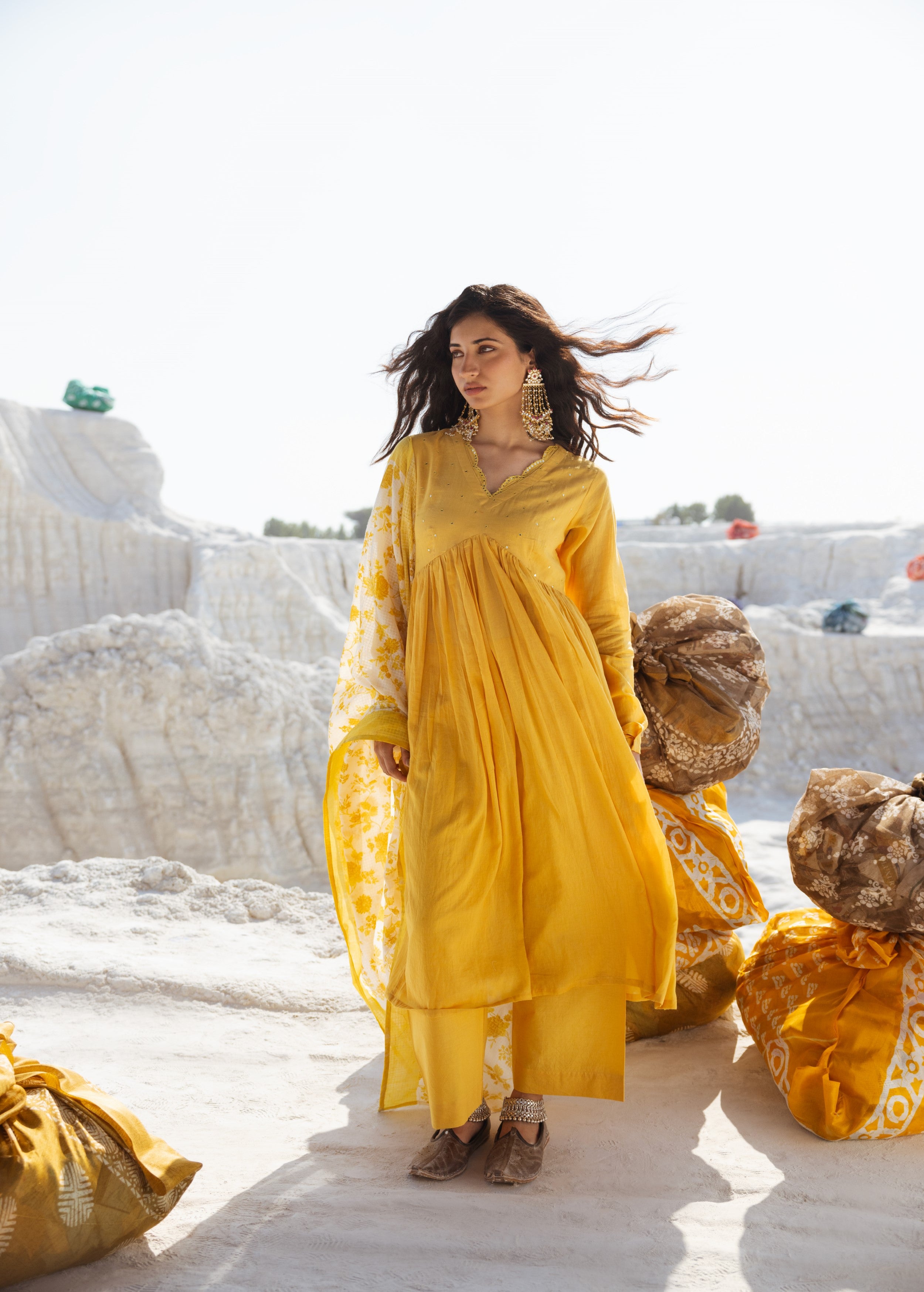 Lemon Yellow Embellished Mul Cotton Anarkali Set