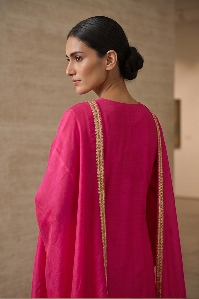 Fuchsia Pink Mul Chanderi Silk Suit Set