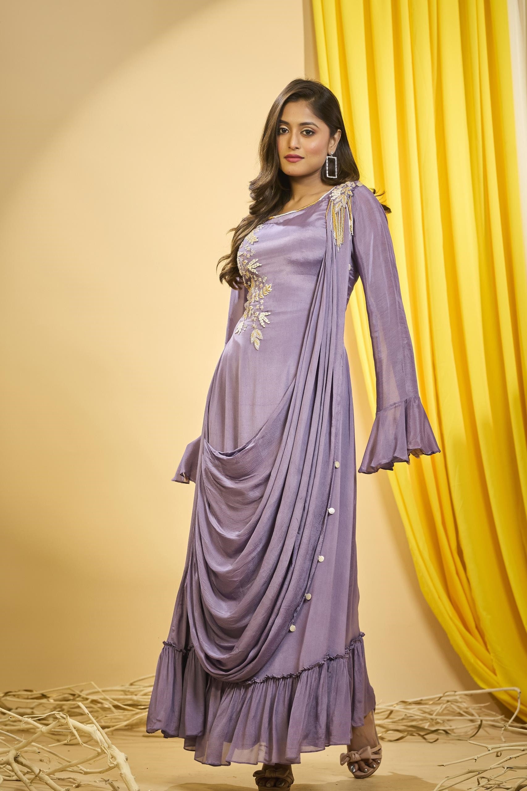 Light Purple Embellished Premium Chinon Silk Draped Gown