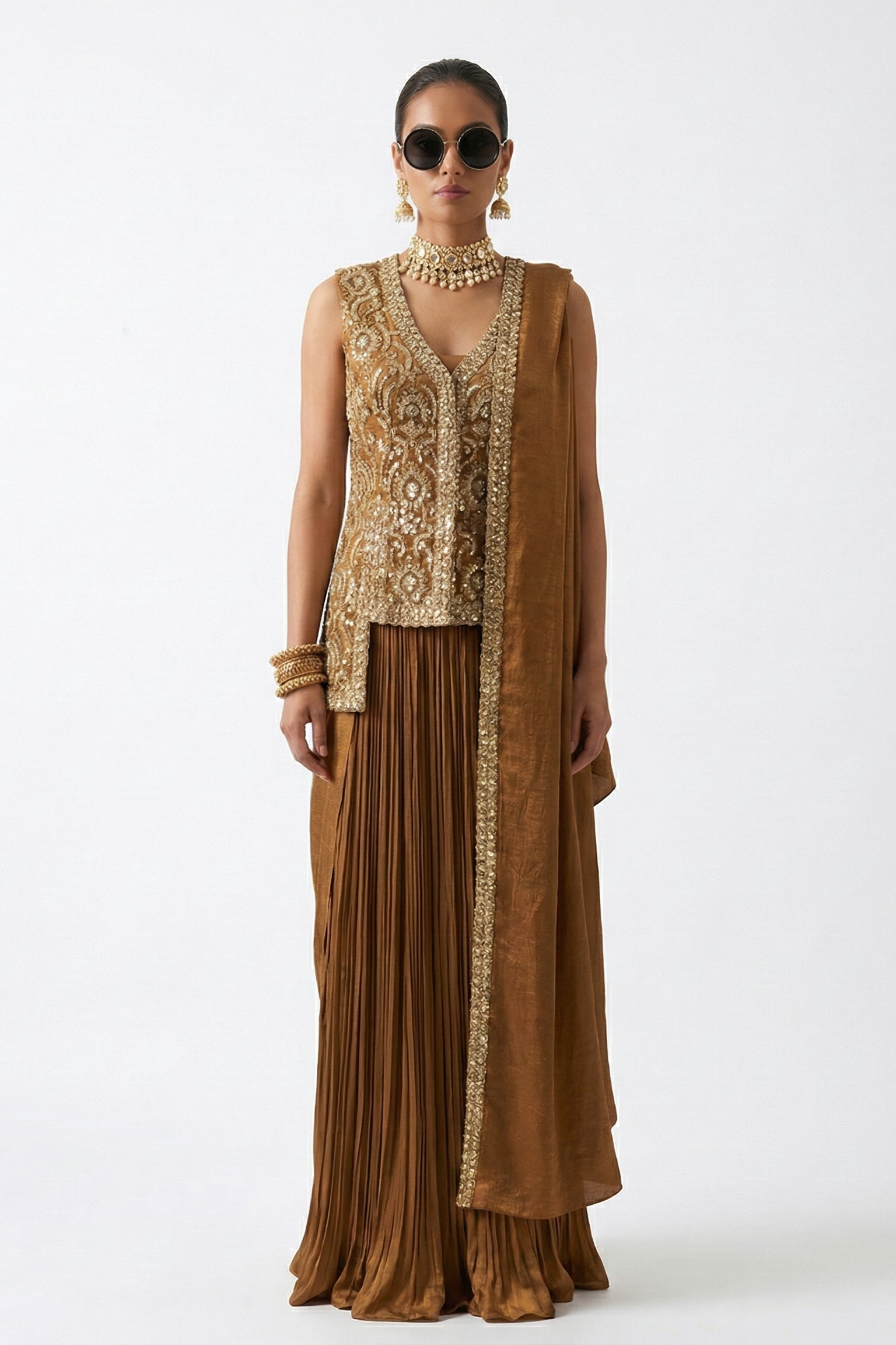 Sepia Brown Embellished Habutai Silk Skirt Set