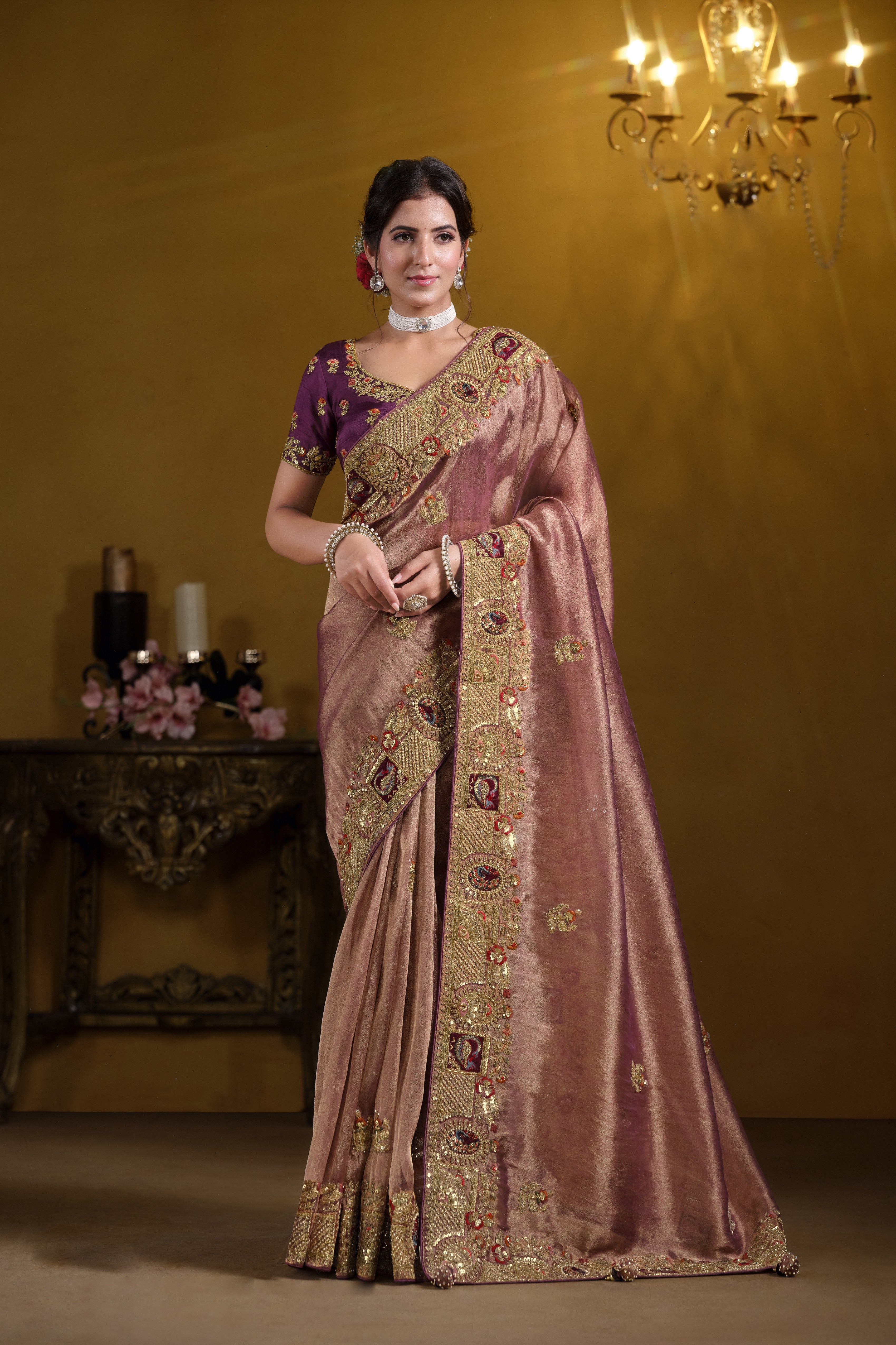 Royal Metallic Purple Embellished Premium Zari Silk Saree