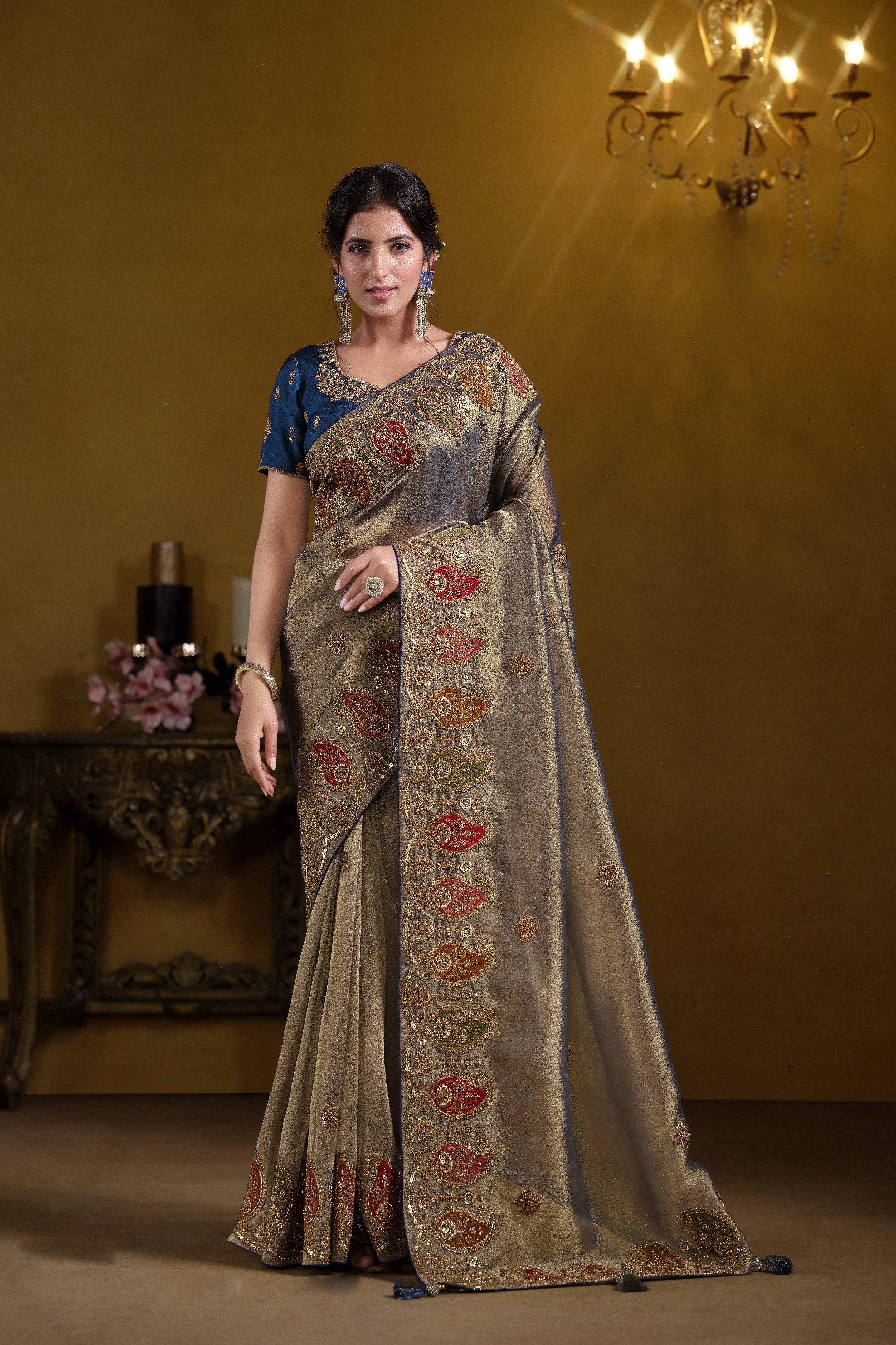 Royal Metallic Teal Blue Embellished Premium Zari Silk Saree