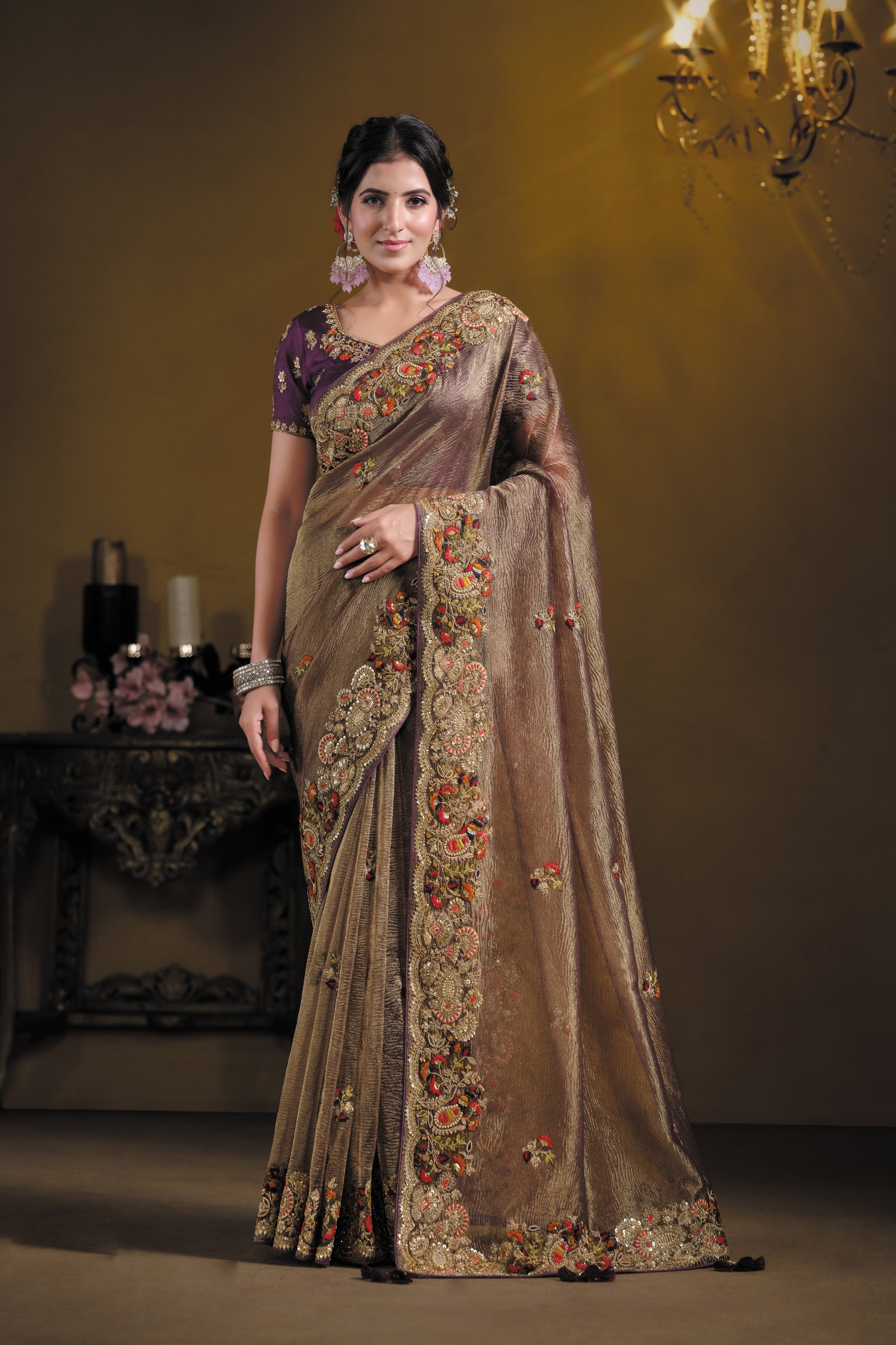 Royal Metallic Wine Embellished Pure Banarasi Crush Silk Saree
