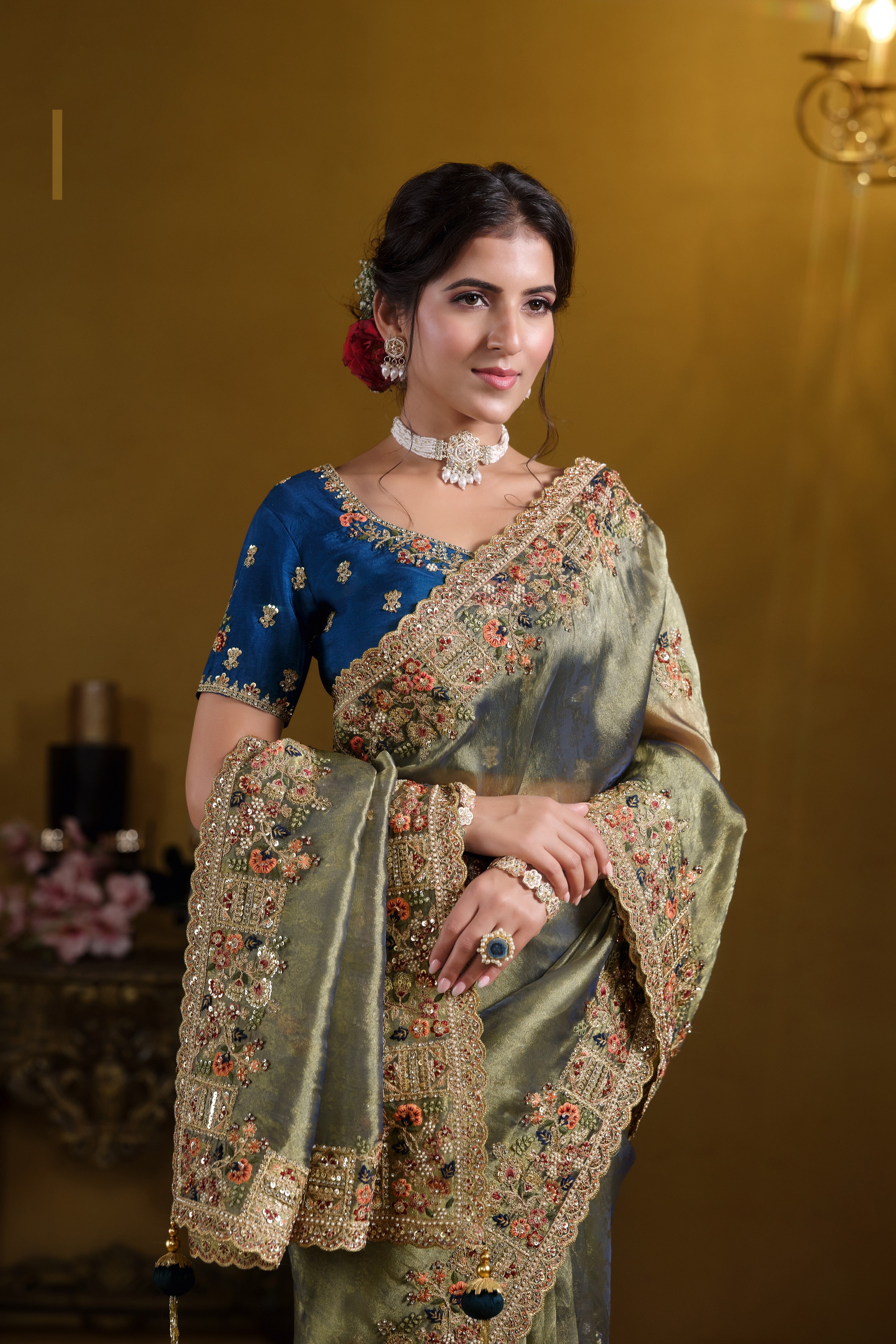 Royal Metallic Green Embellished Premium Zari Silk Saree