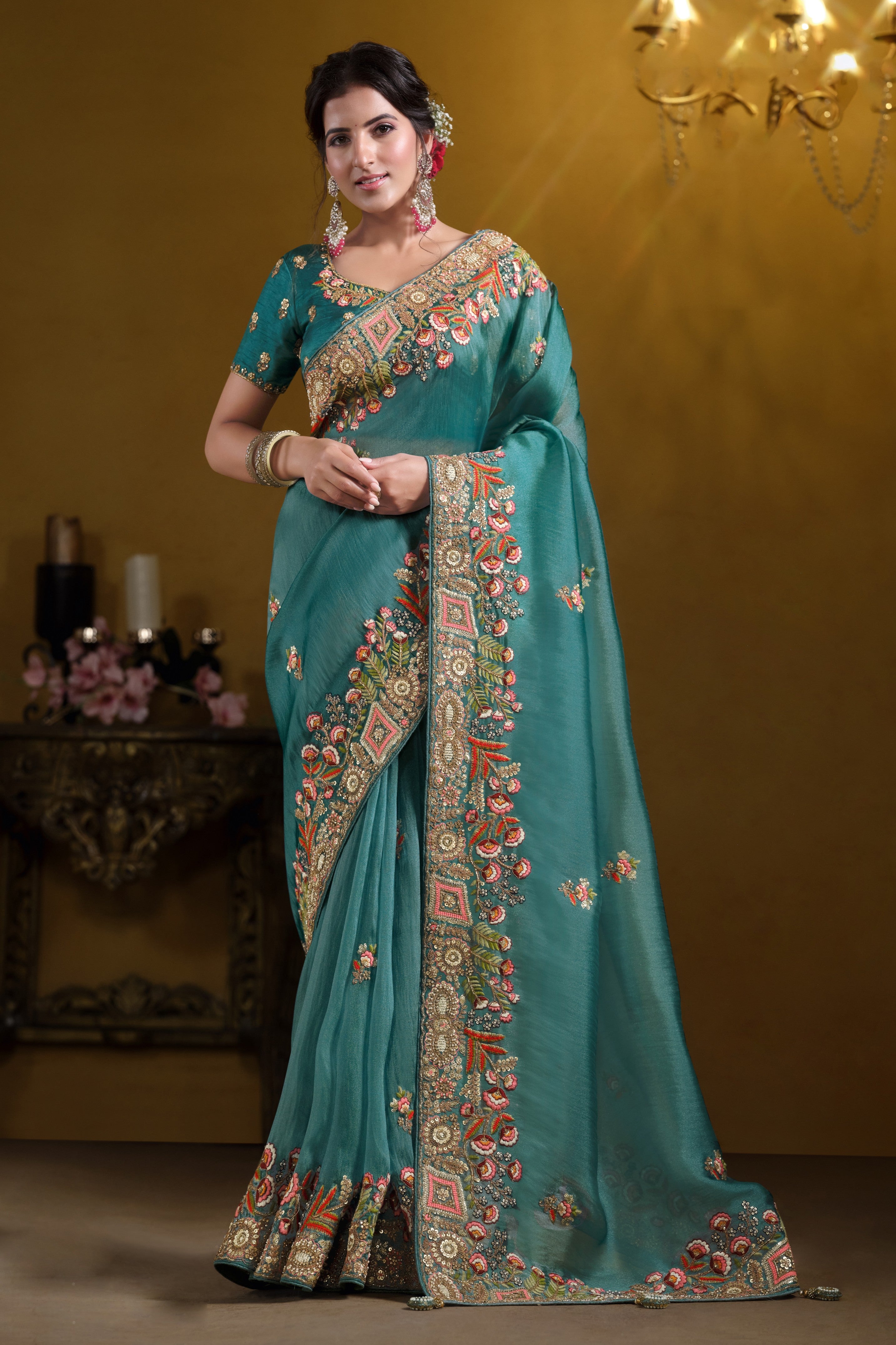 Royal Metallic Teal Blue Embellished Premium Tissue Silk Saree