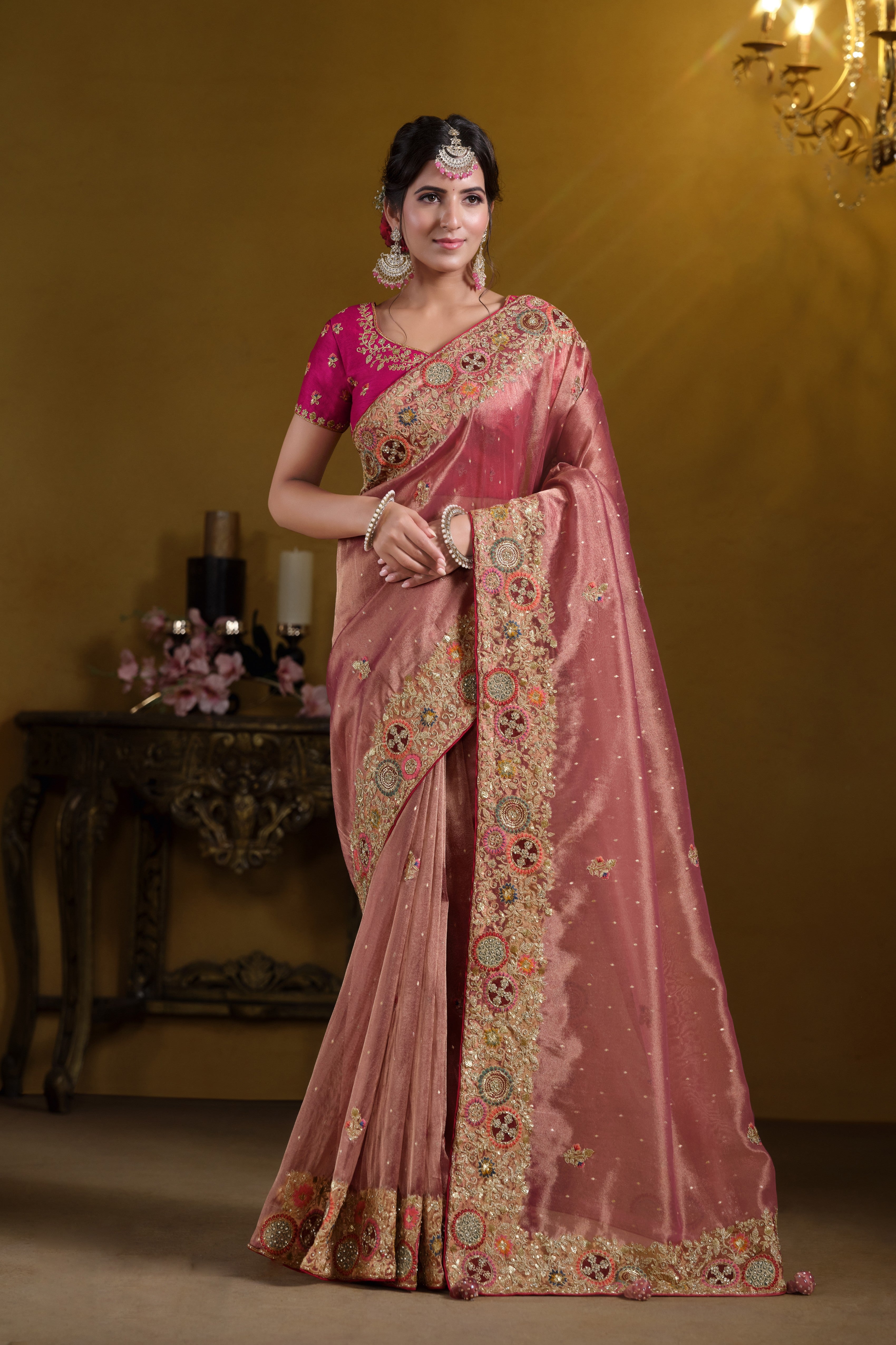 Royal Metallic Peach Embellished Premium Zari Silk Saree