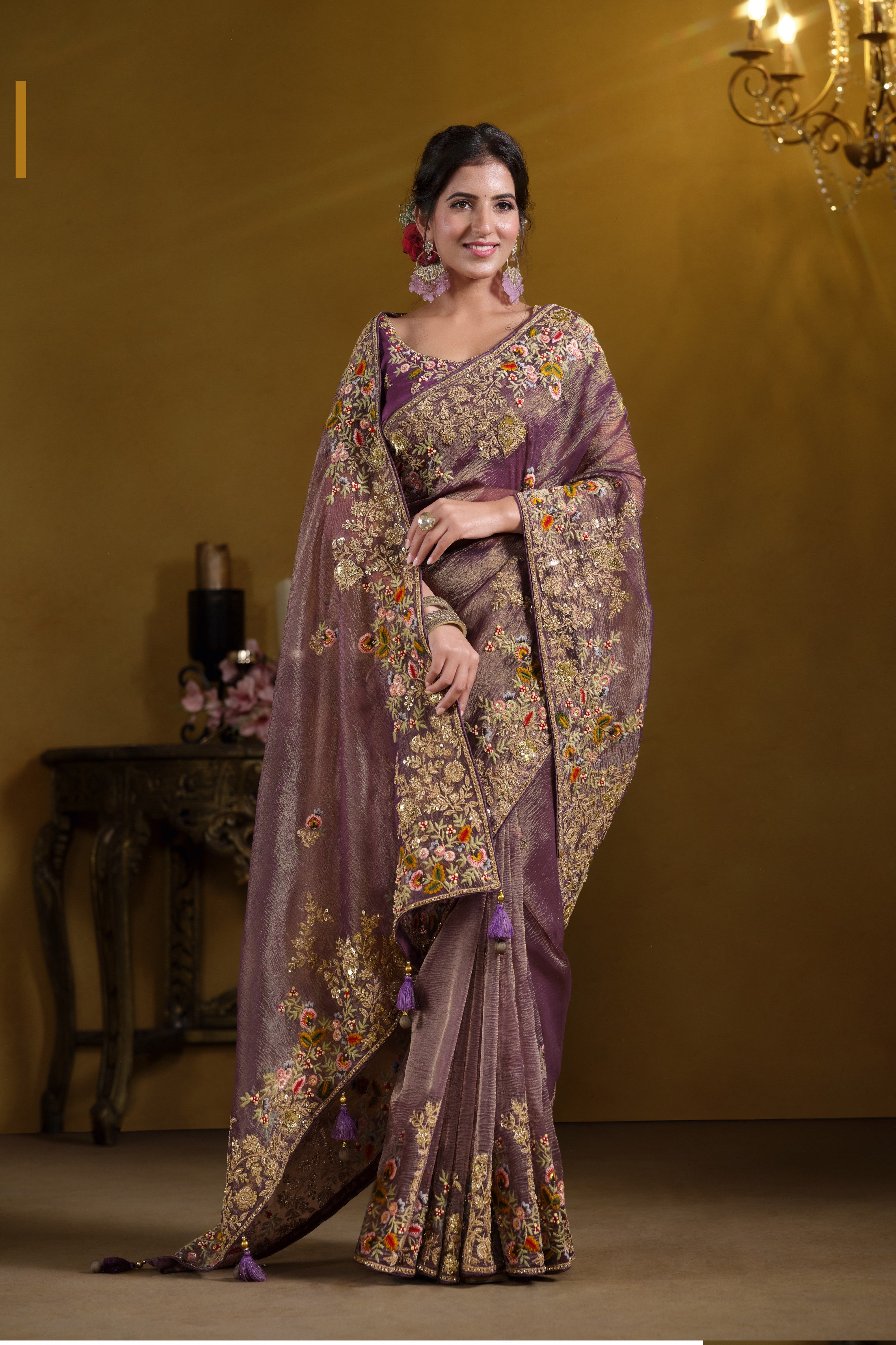 Royal Metallic Purple Embellished Crush Banarasi Silk Saree