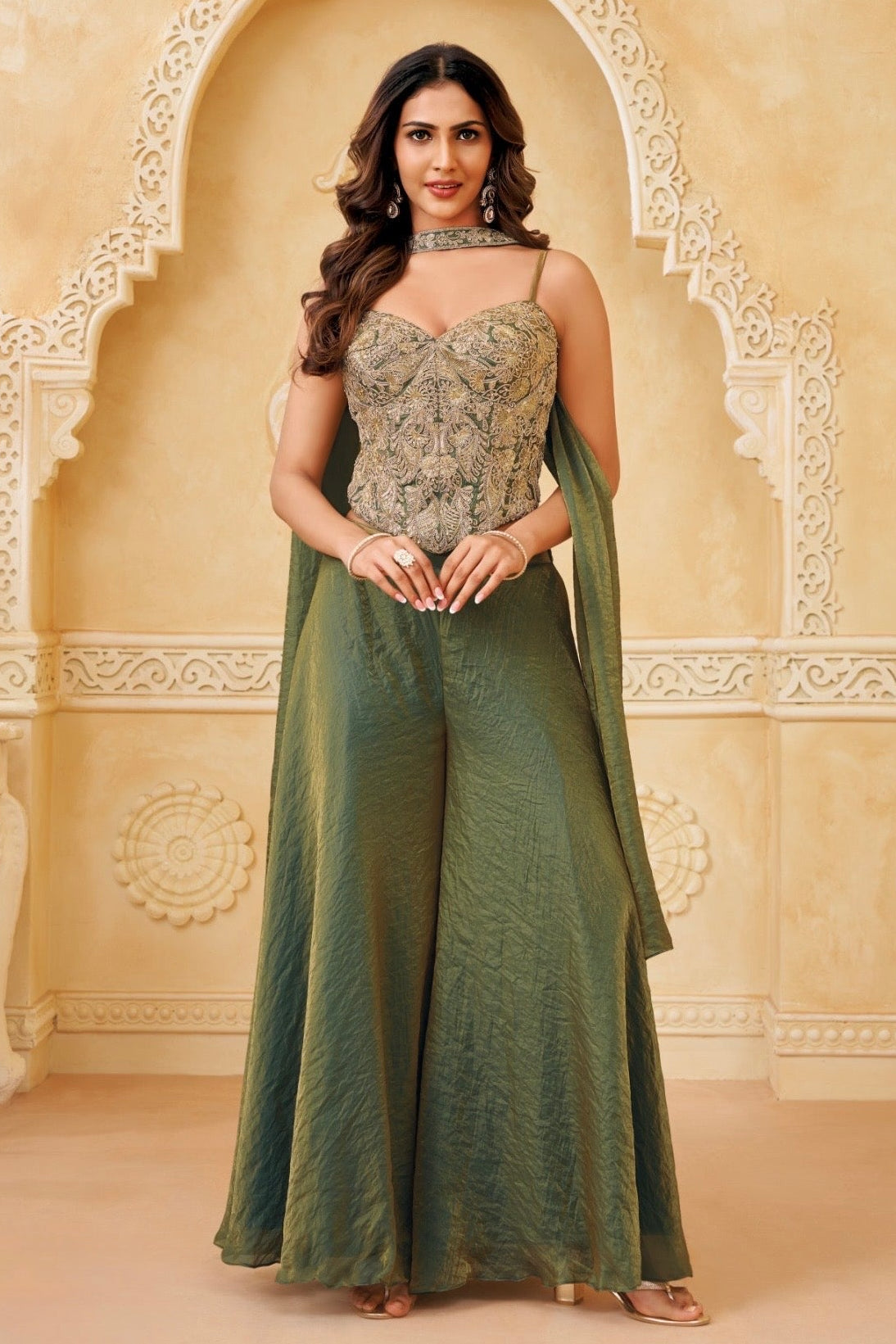 Sage Moss Embellished Tissue Silk Palazzo Set