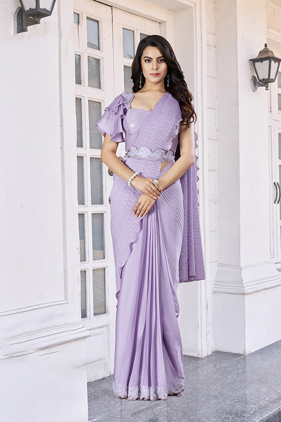 Lilac Ripple Embellished Crepe Satin Silk Saree