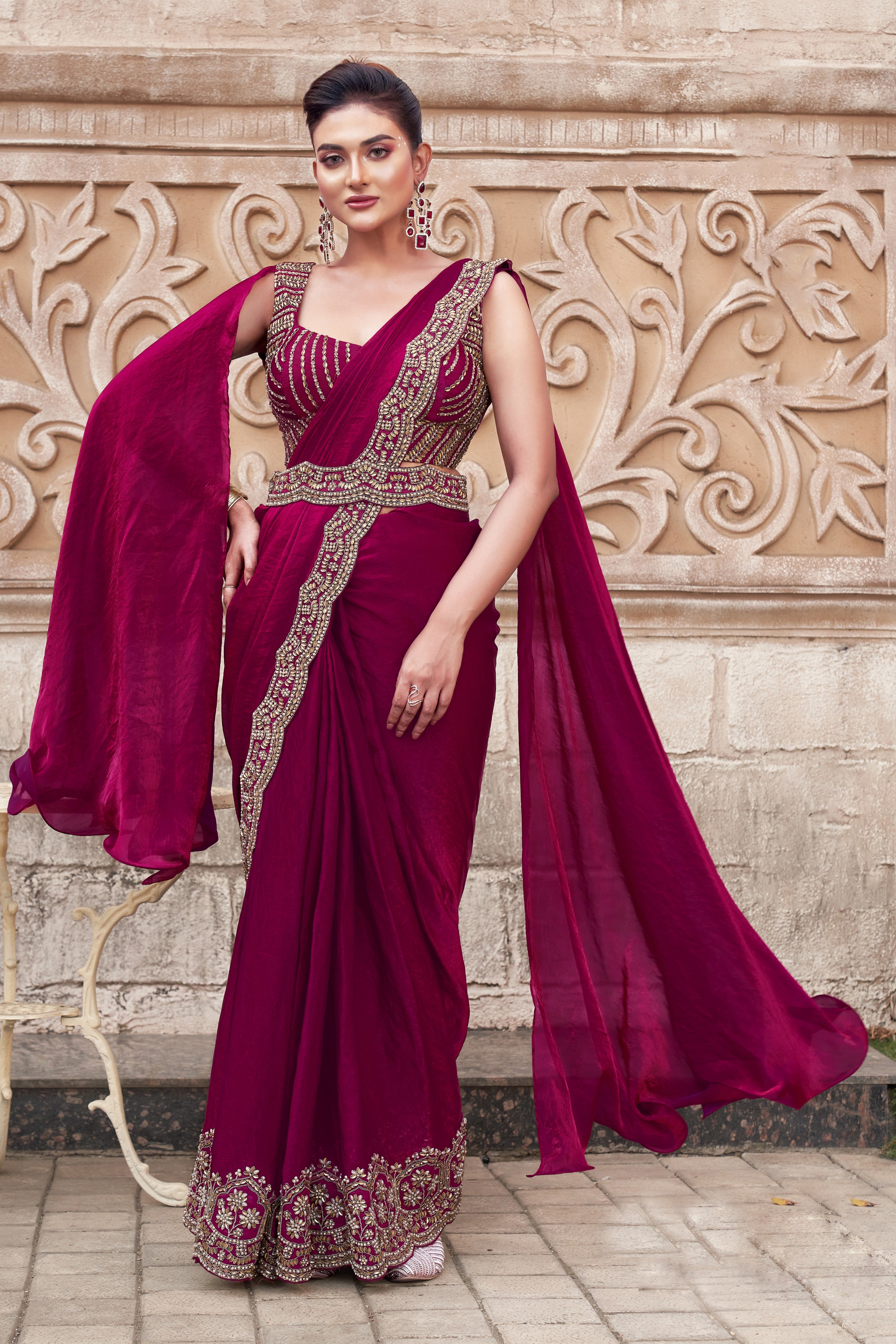 Maroon Embellished Premium Satin Silk Saree