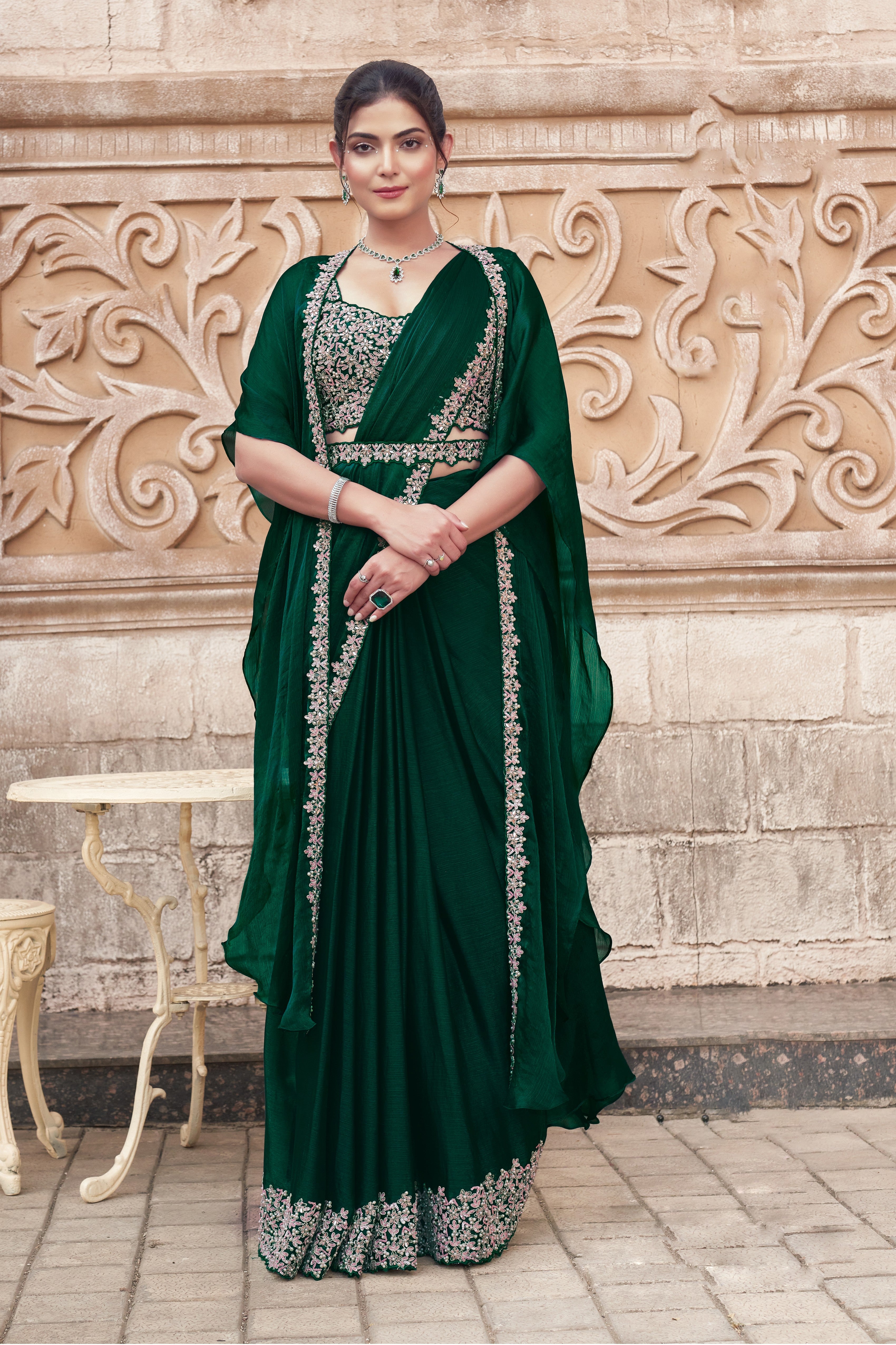 Dark Green Embellished Premium Satin Silk Saree