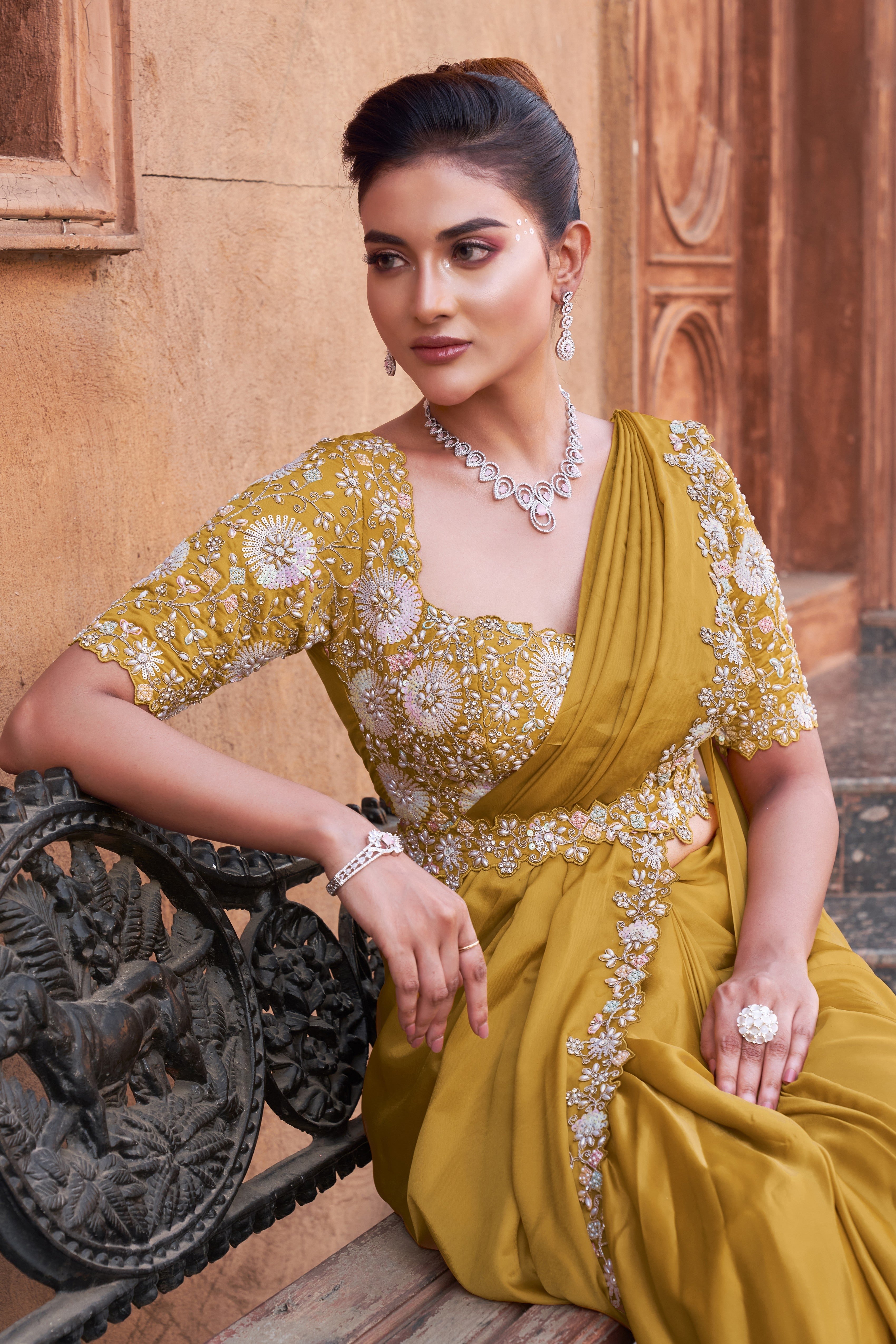 Mustard Embellished Premium Satin Silk Saree