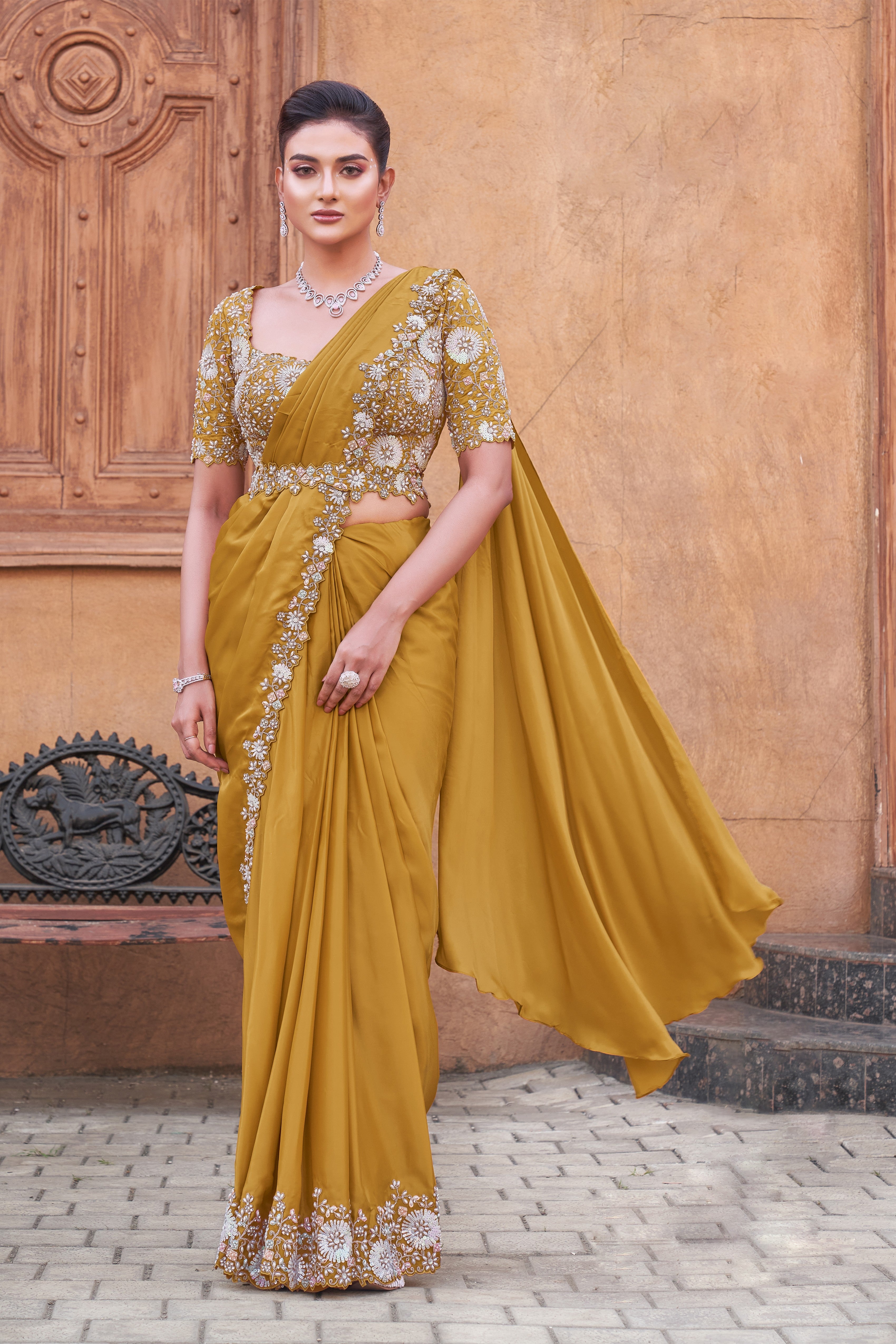 Mustard Embellished Premium Satin Silk Saree
