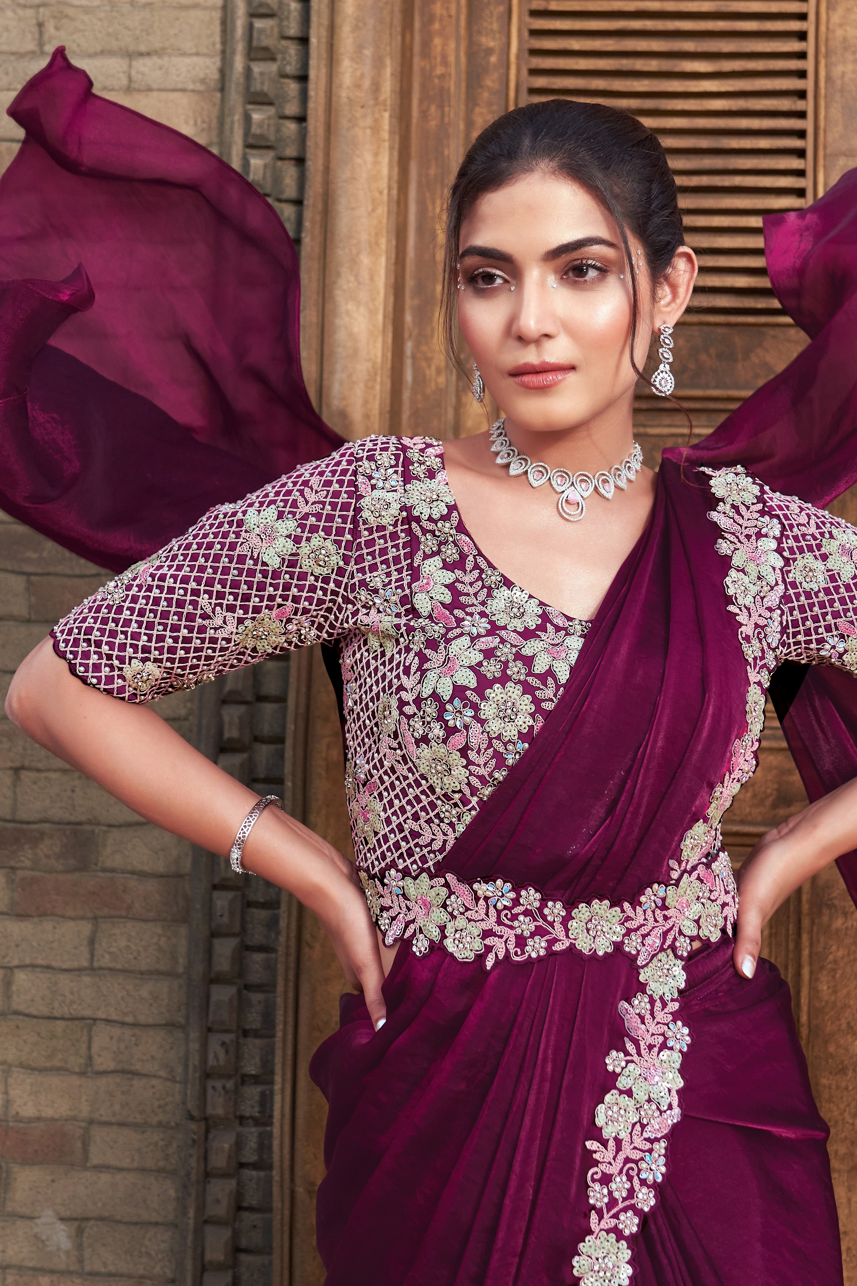 Wine Embellished Premium Satin Silk Saree