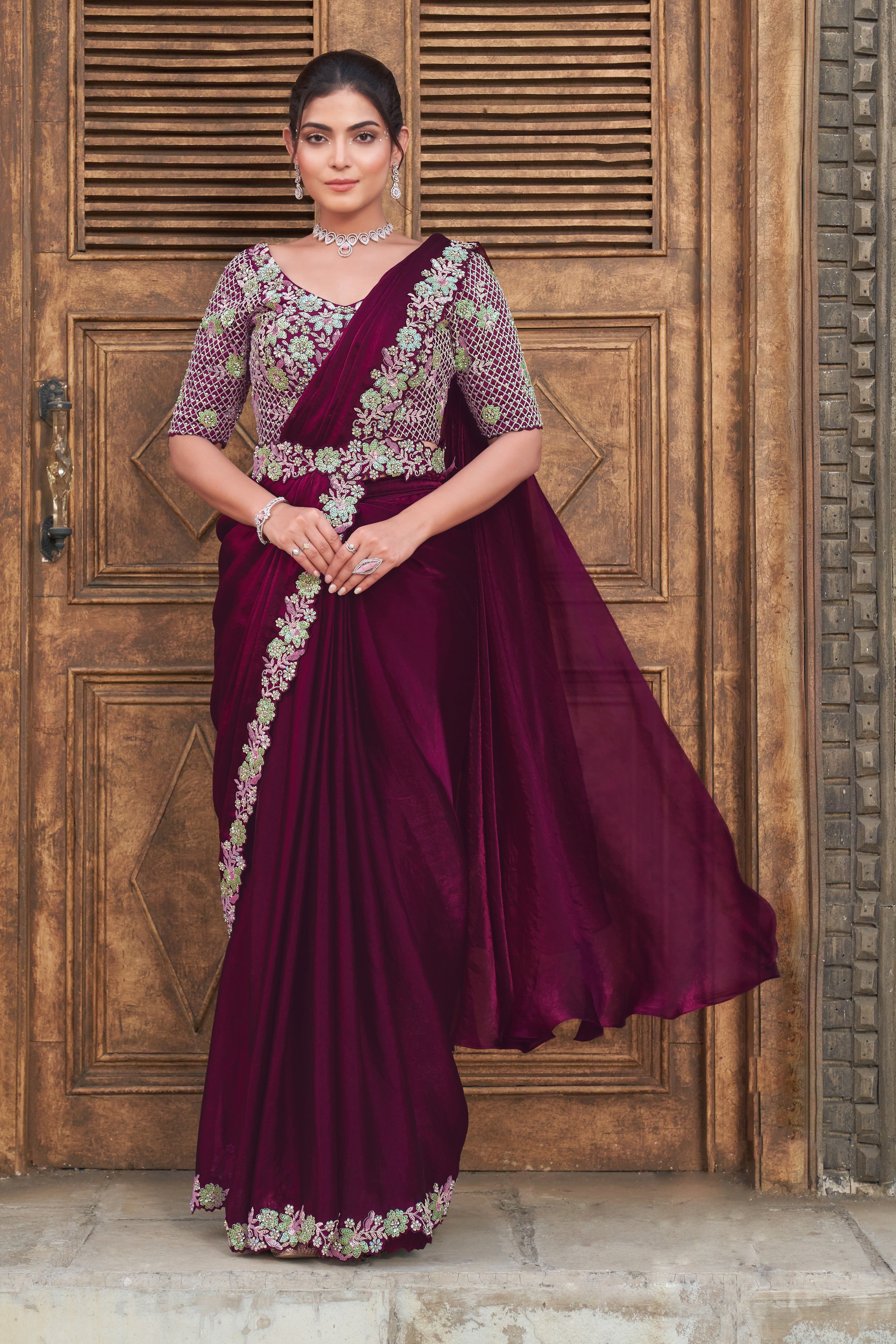 Wine Embellished Premium Satin Silk Saree