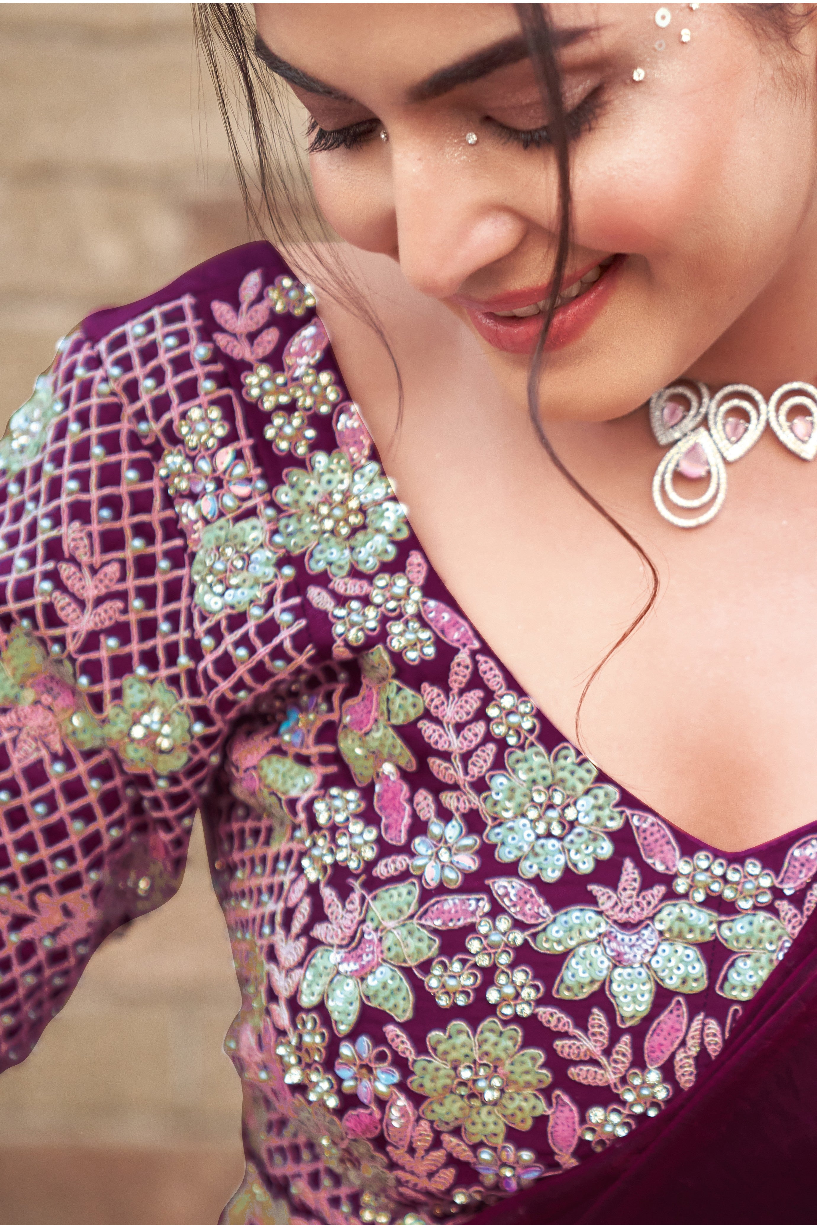 Wine Embellished Premium Satin Silk Saree