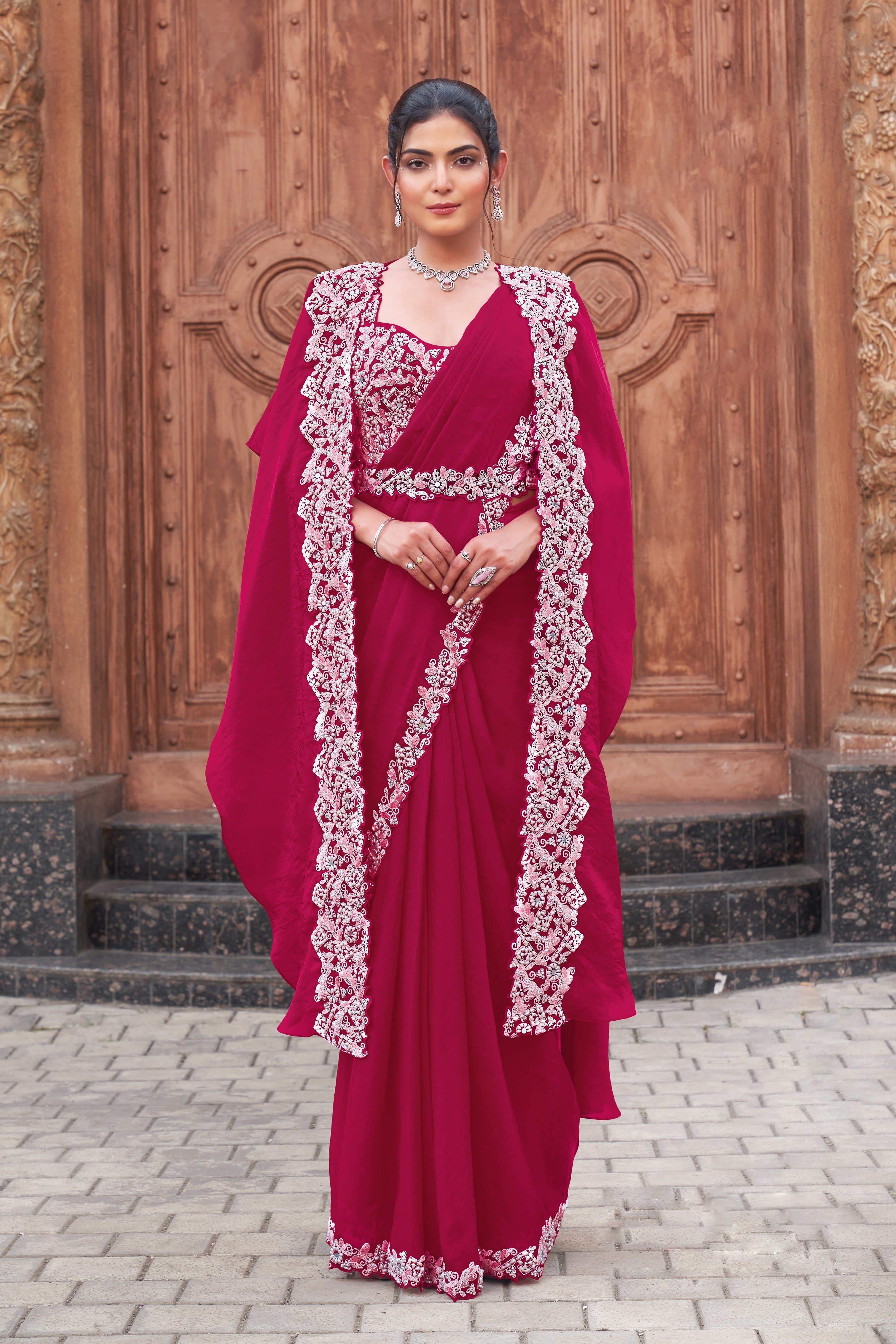 Rani Pink Embellished Premium Satin Silk Draped Saree