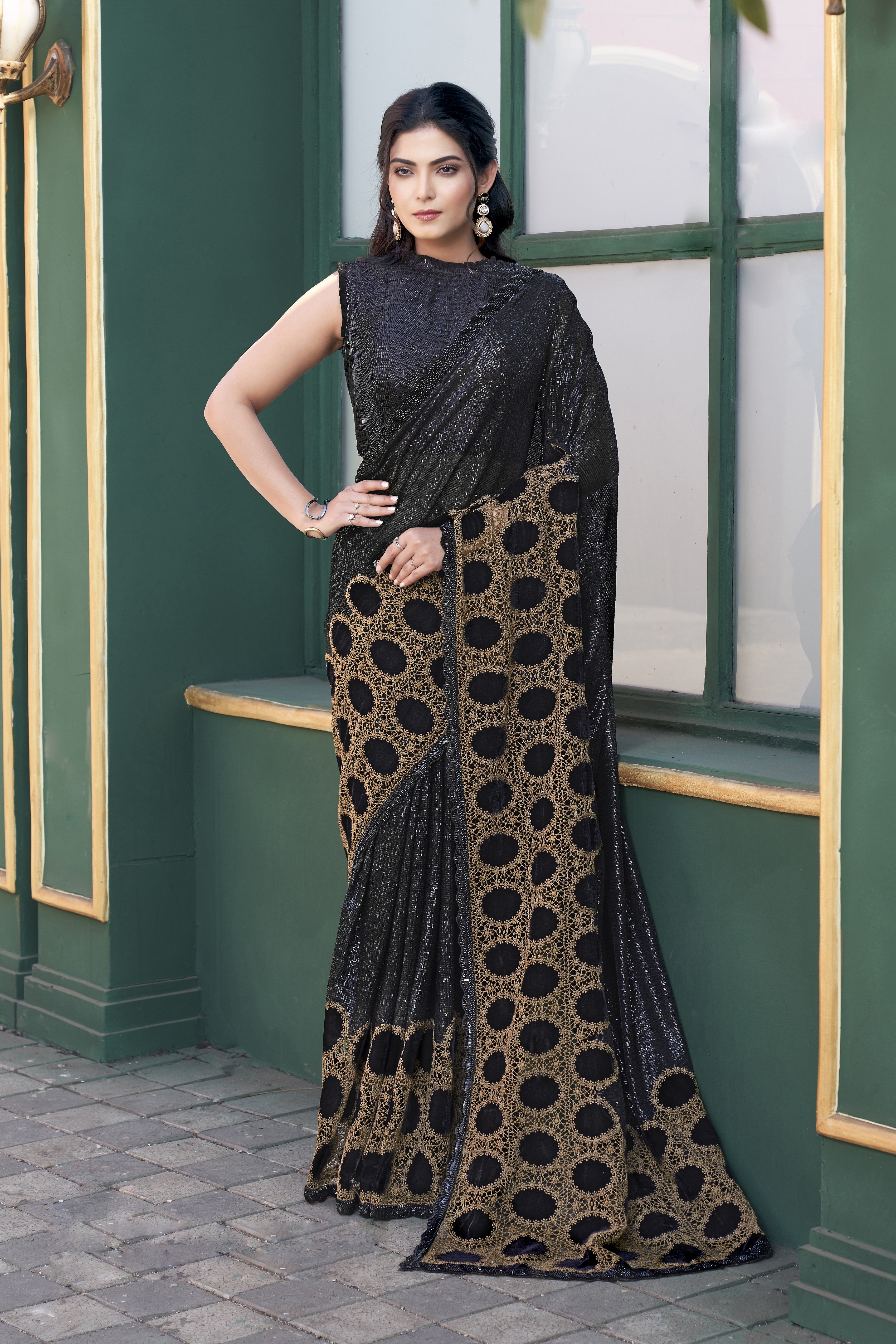 Black Embellished Premium Sequins Velvet Designer Saree