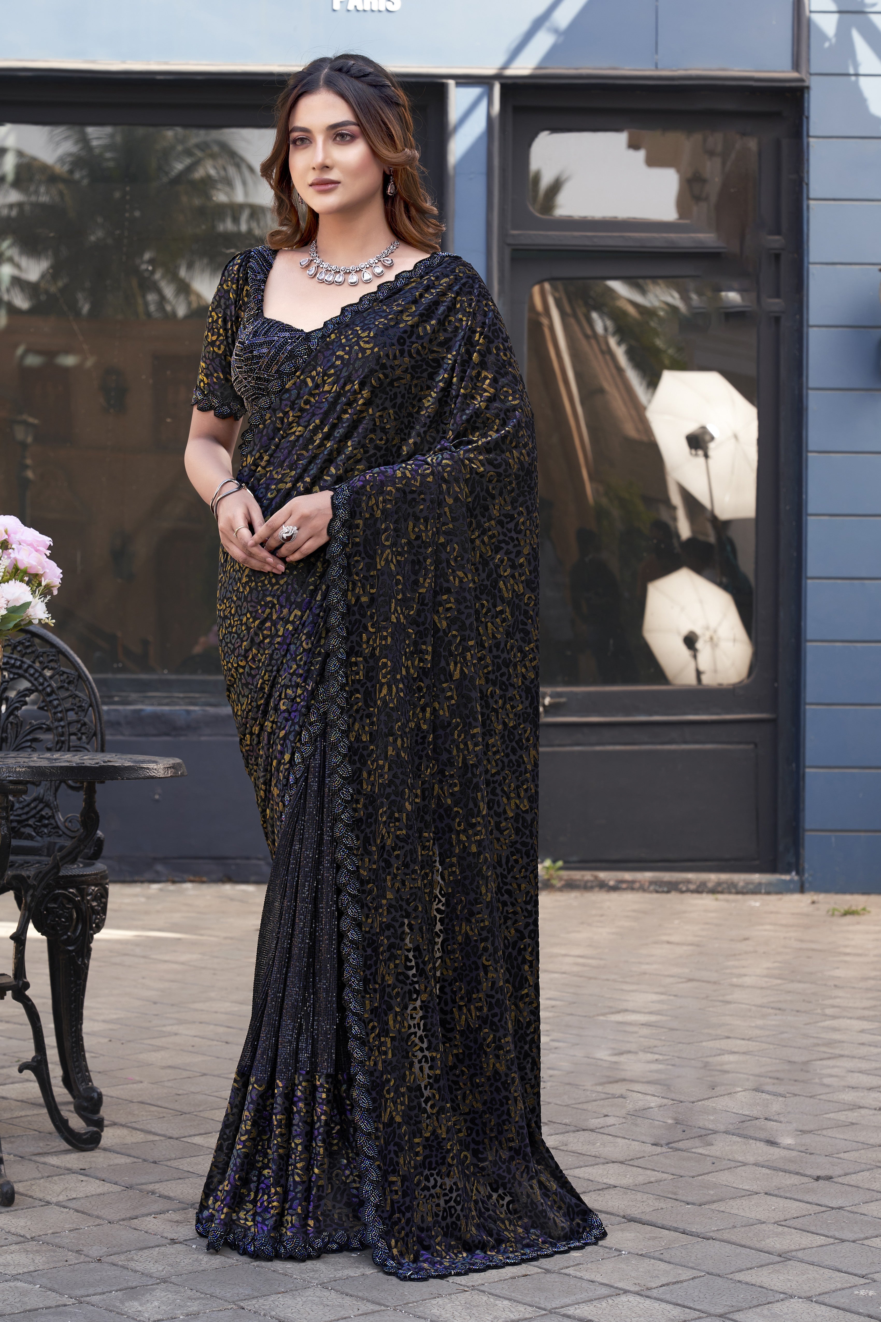 Classic Black Embellished Premium Sequins Velvet Designer Saree