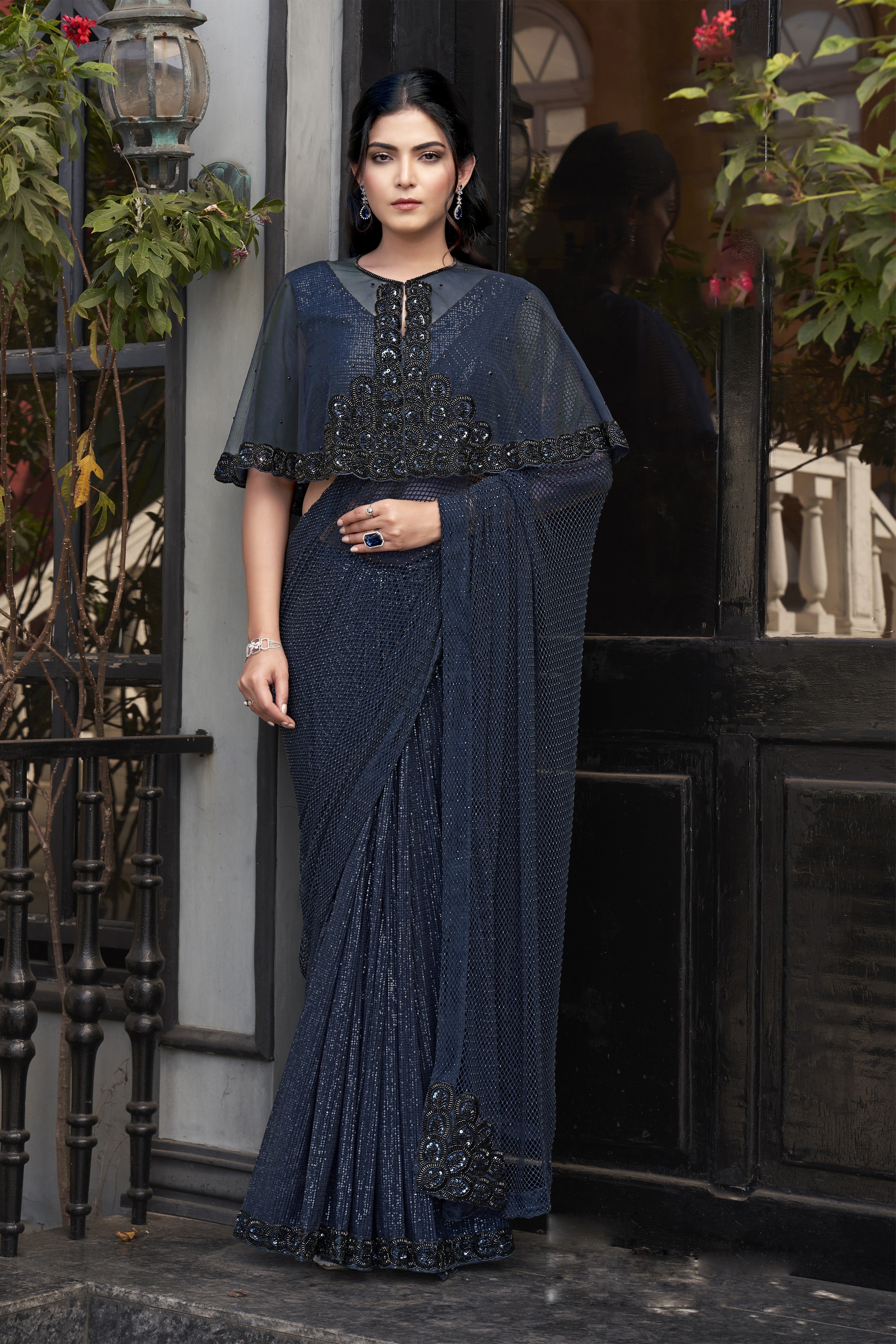 Navy Blue Embellished Premium Armani Tulle Designer Saree