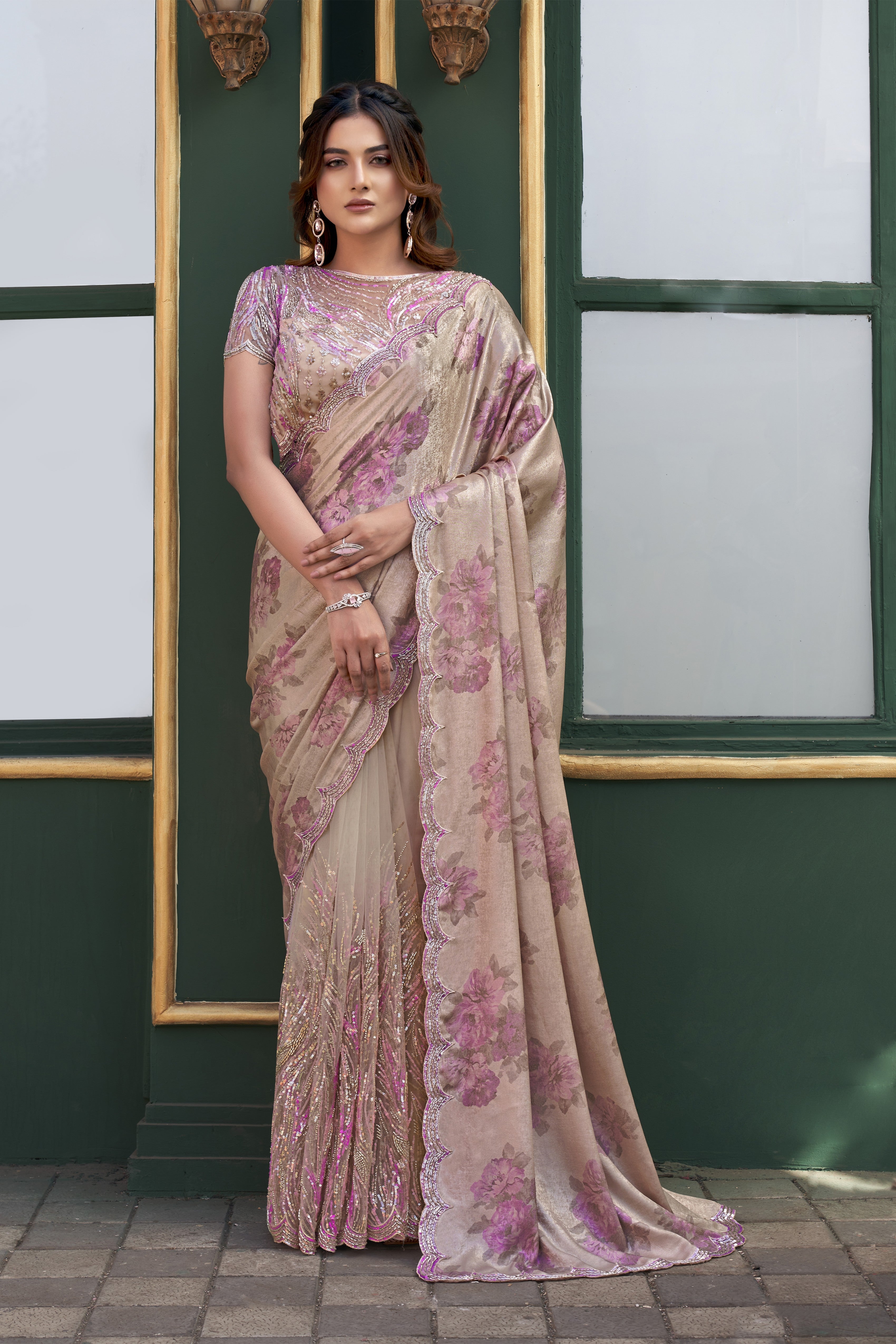 Light Brown Embellished Premium Sequins Velvet Designer Saree