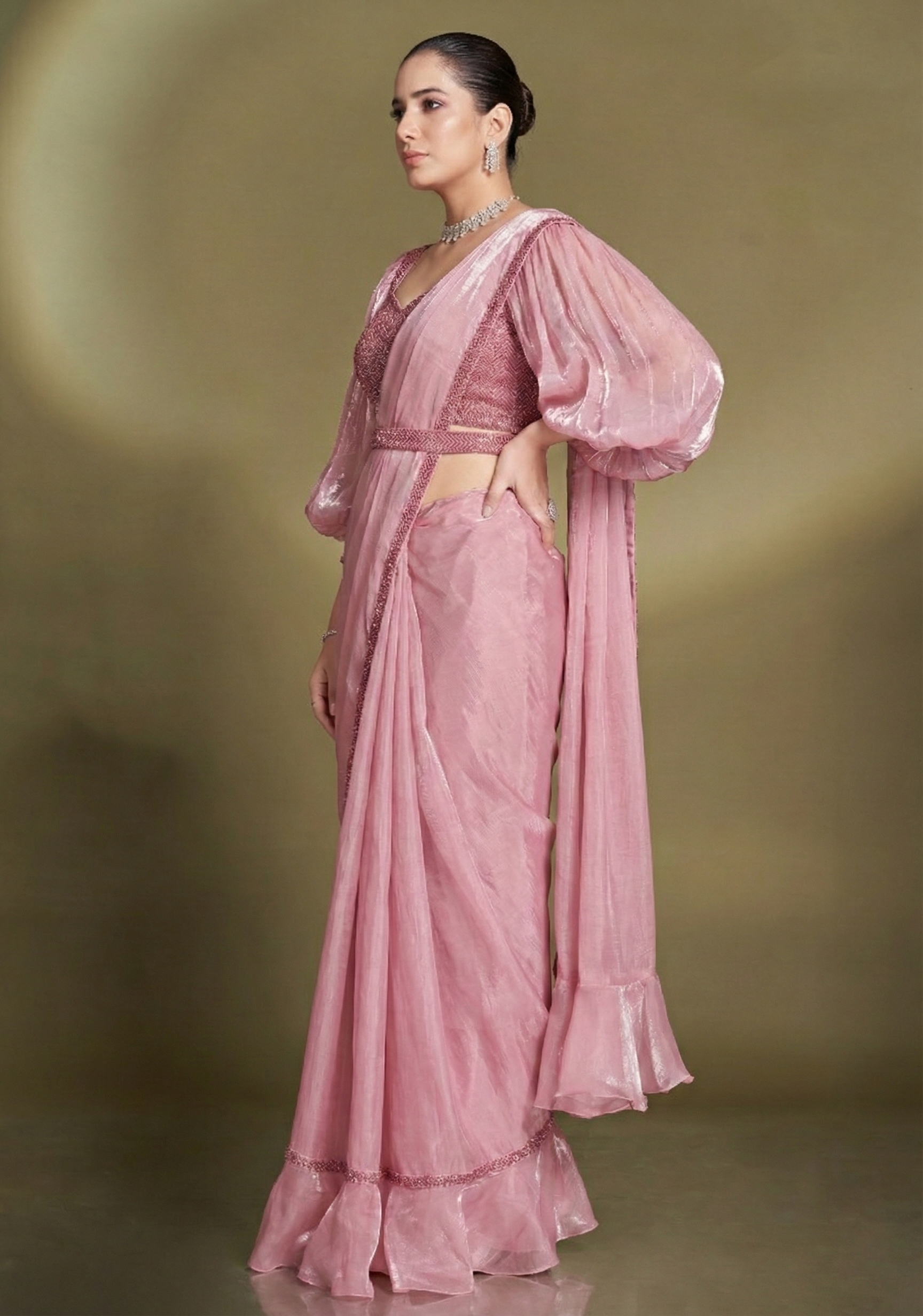 Onion Pink Embellished Satin Silk Saree