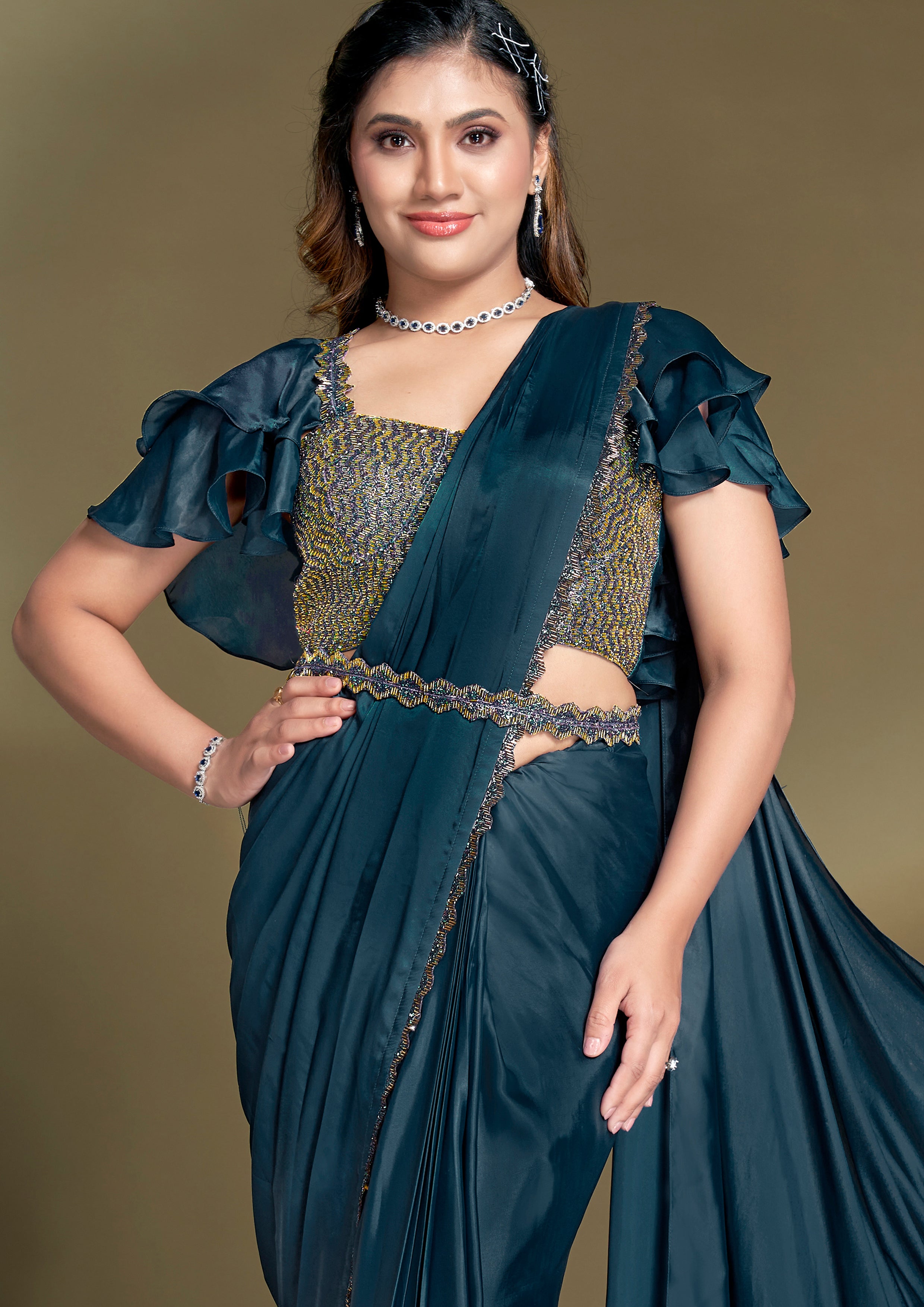 Dark Teal Embellished Crepe Satin Silk