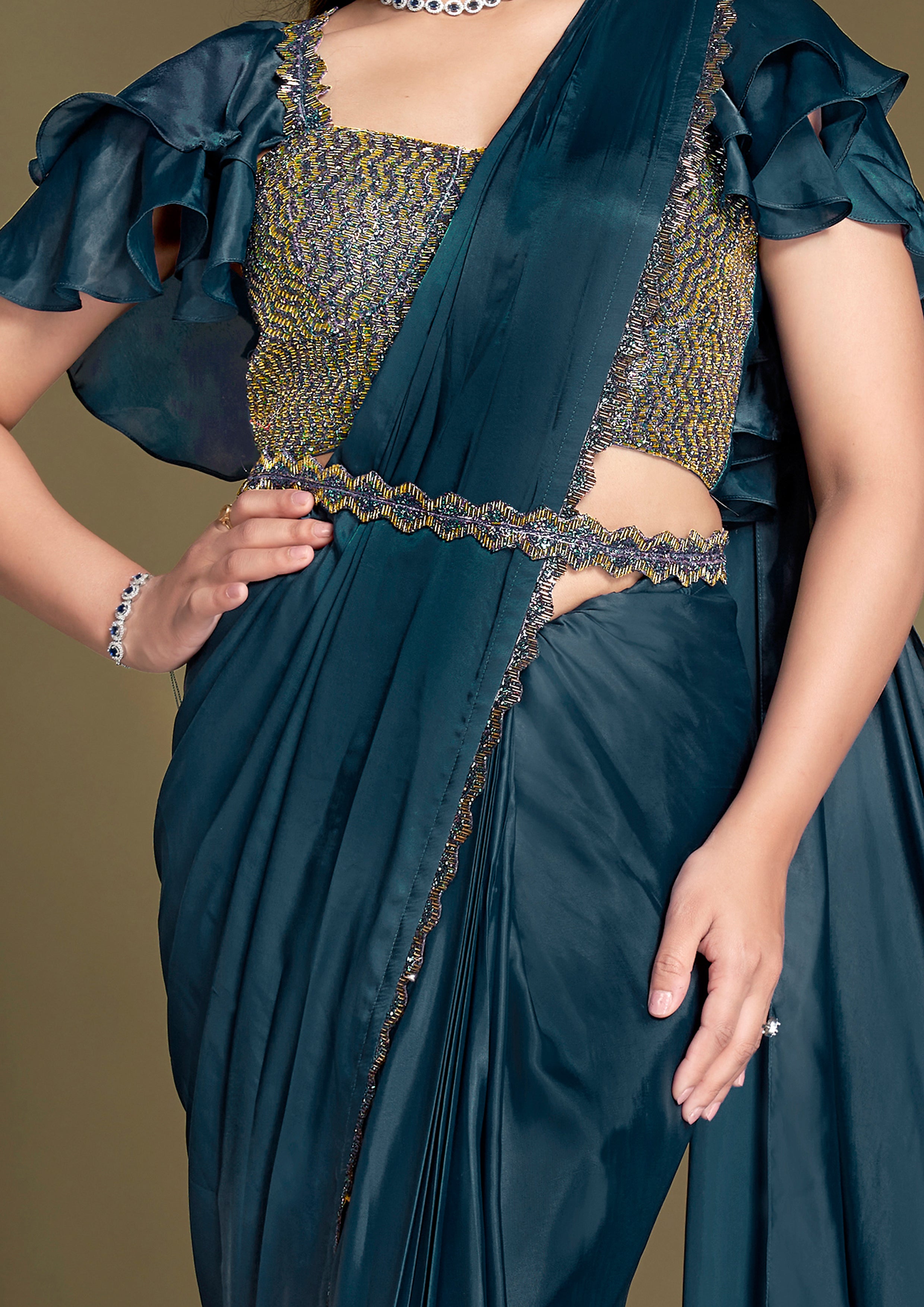 Dark Teal Embellished Crepe Satin Silk