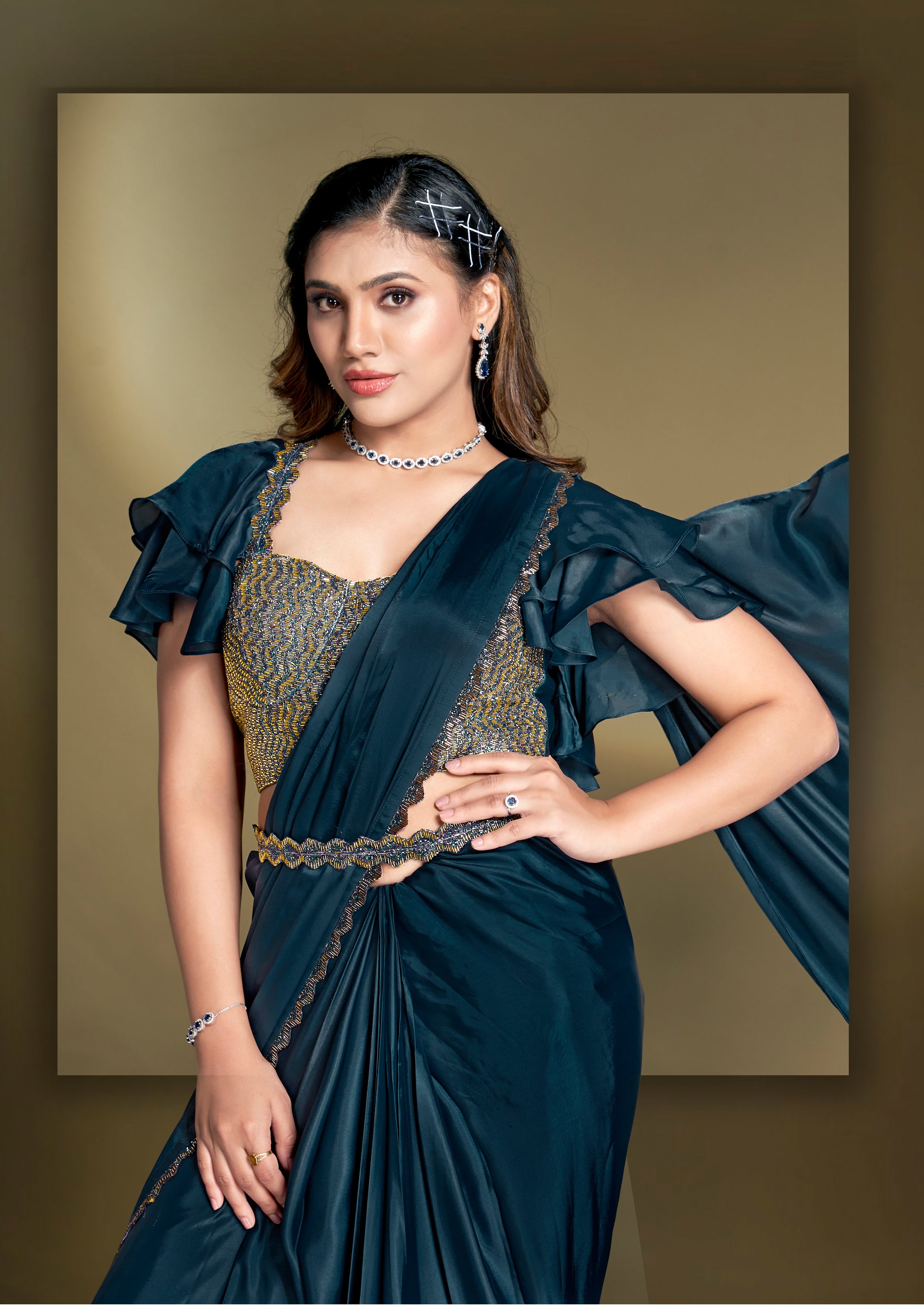 Dark Teal Embellished Crepe Satin Silk