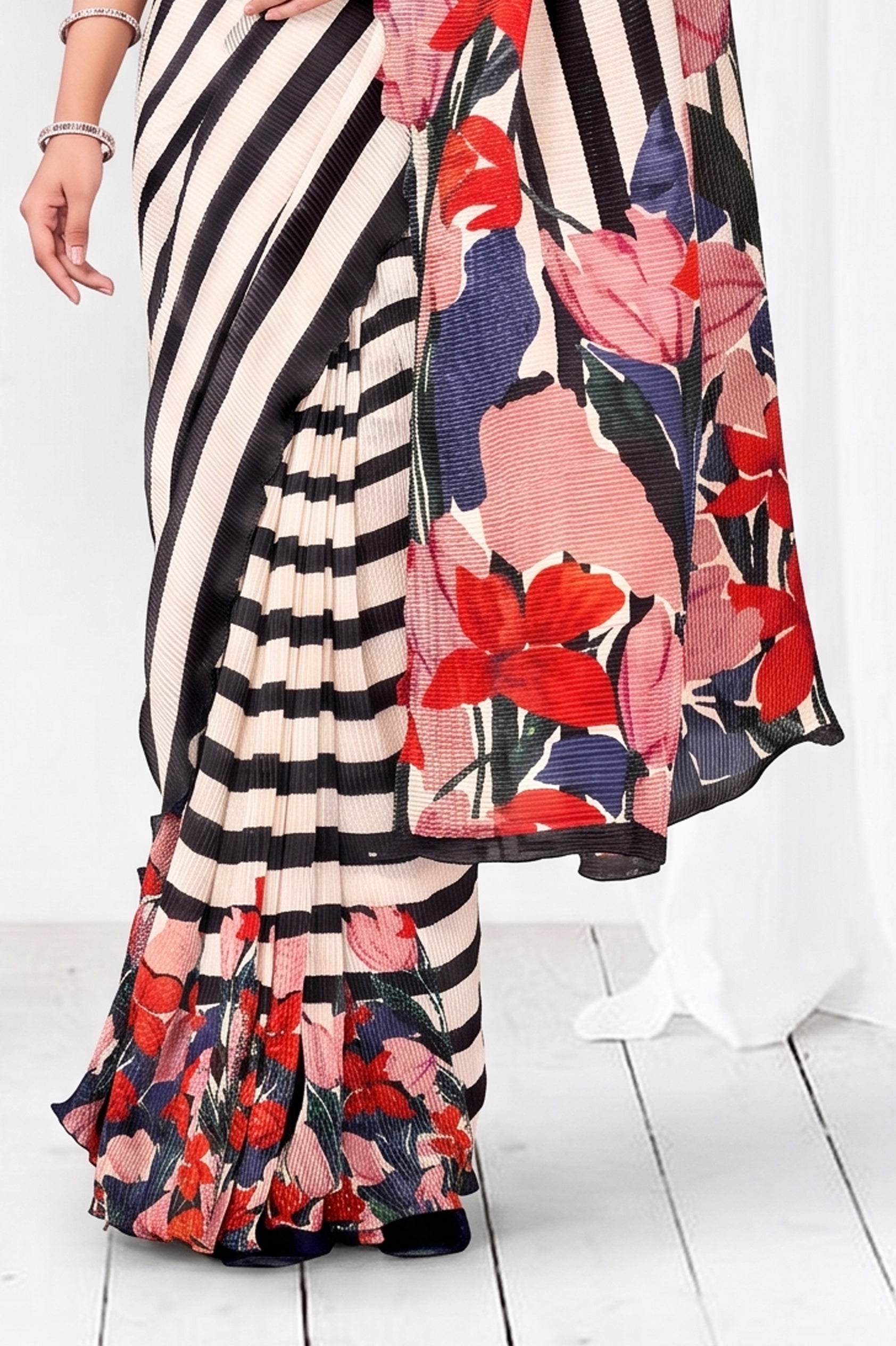 Black & White Striped Satin Silk Saree
