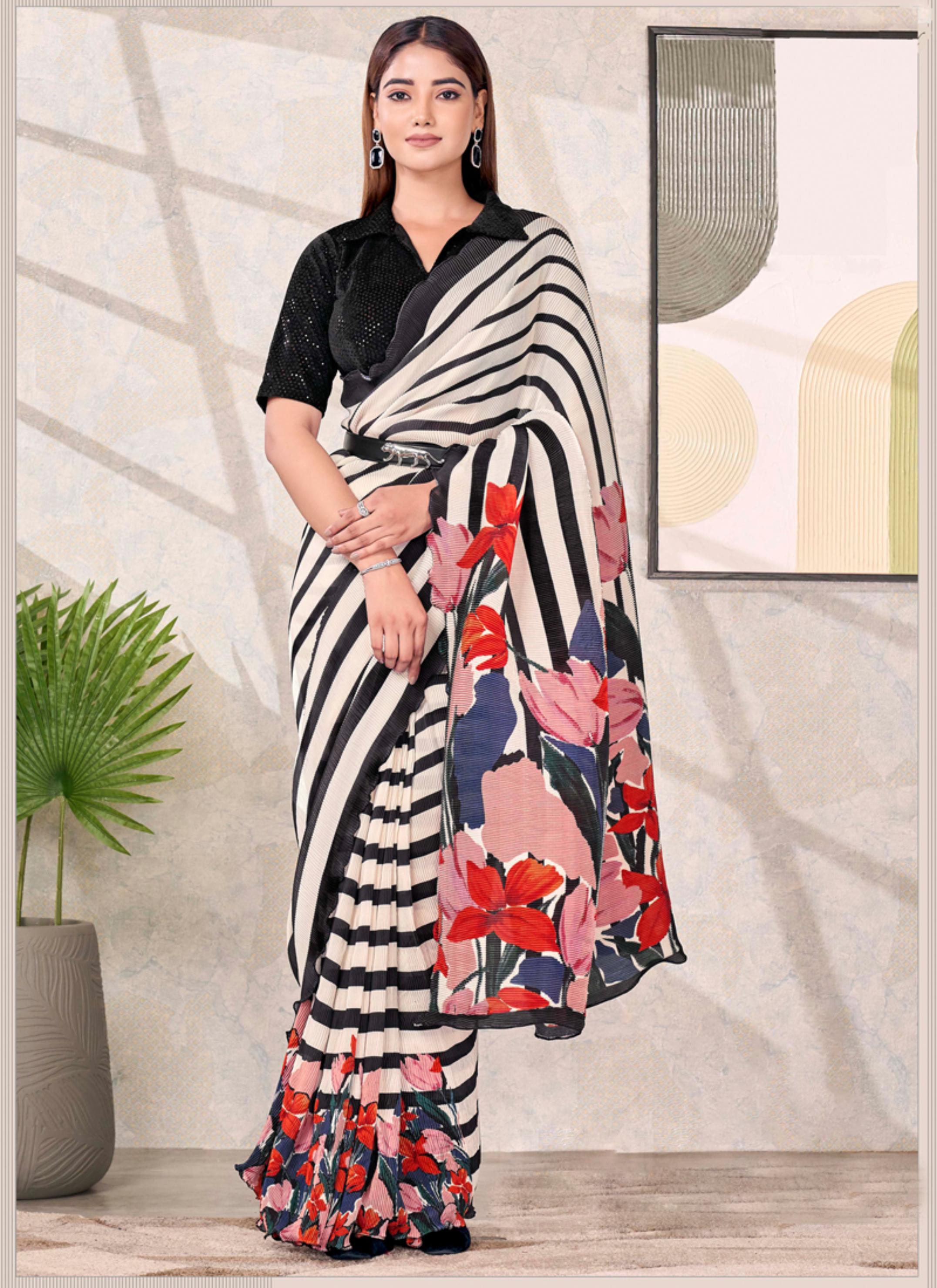 Monochrome Striped Satin Silk Saree with Floral Pallu