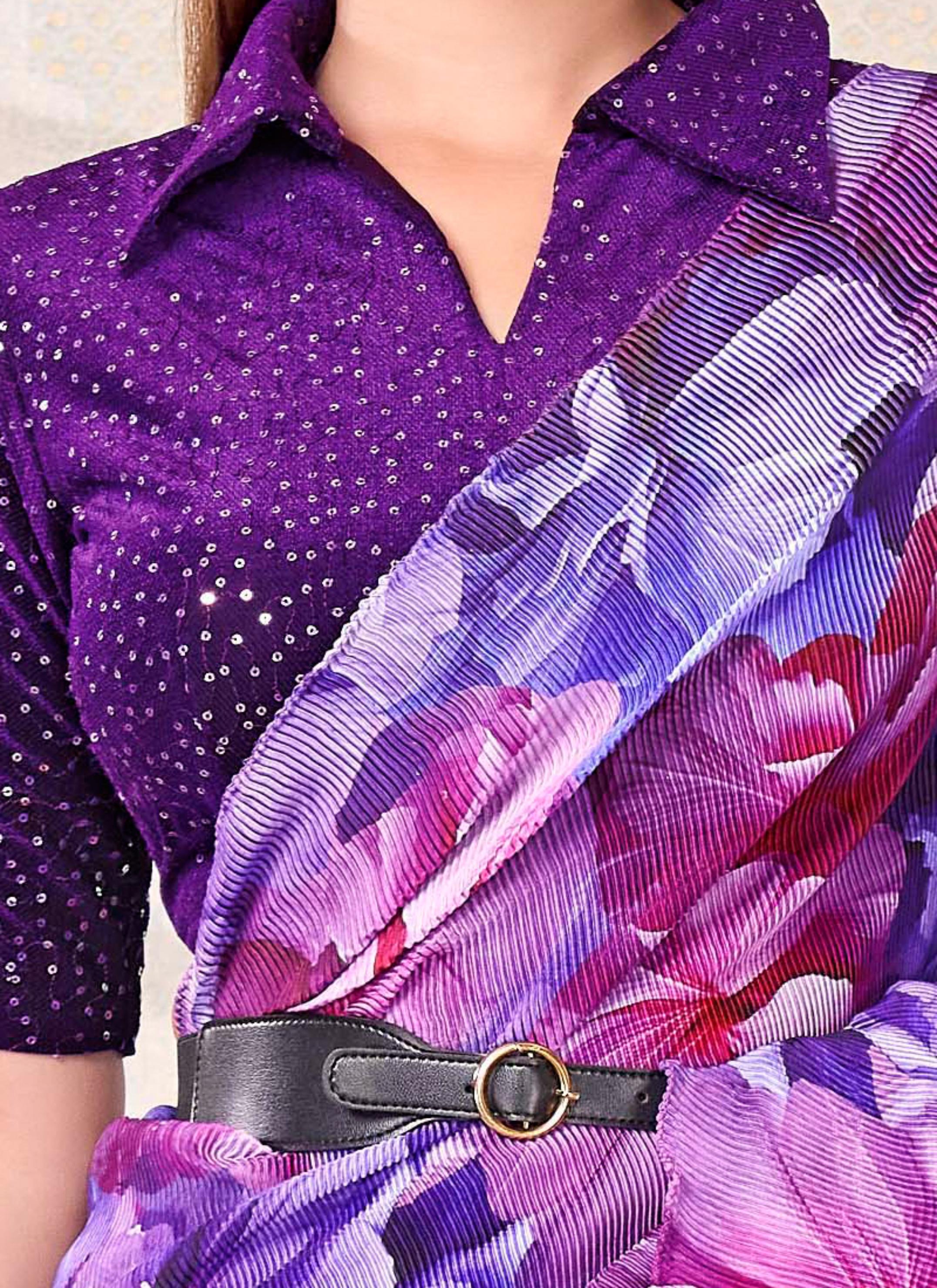 Purple Floral Satin Silk Saree with Velvet Blouse