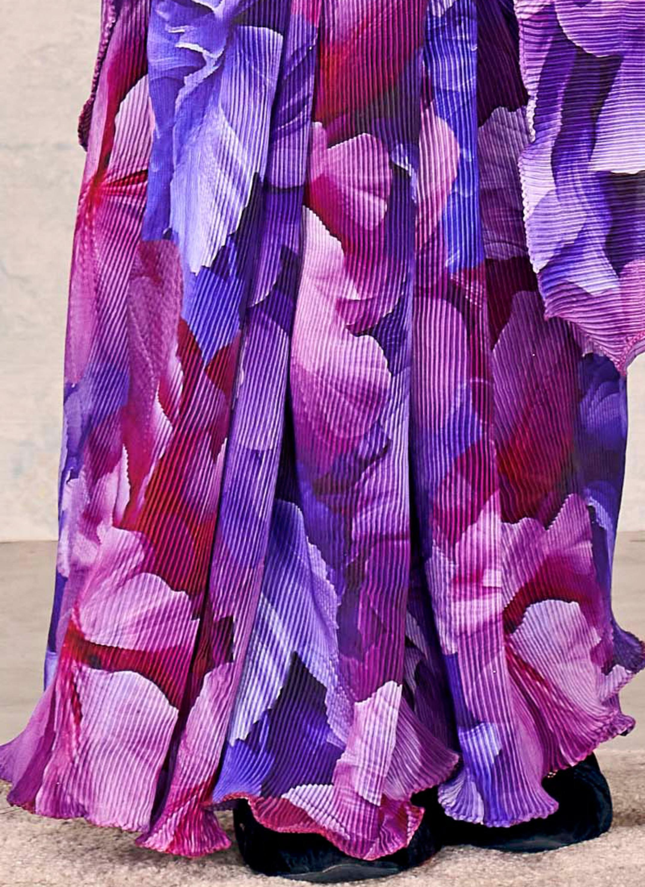 Purple Floral Satin Silk Saree with Velvet Blouse
