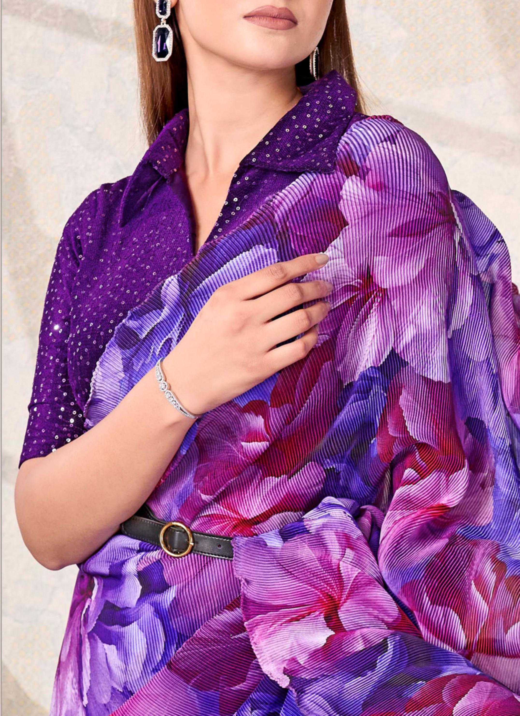 Purple Floral Satin Silk Saree with Velvet Blouse