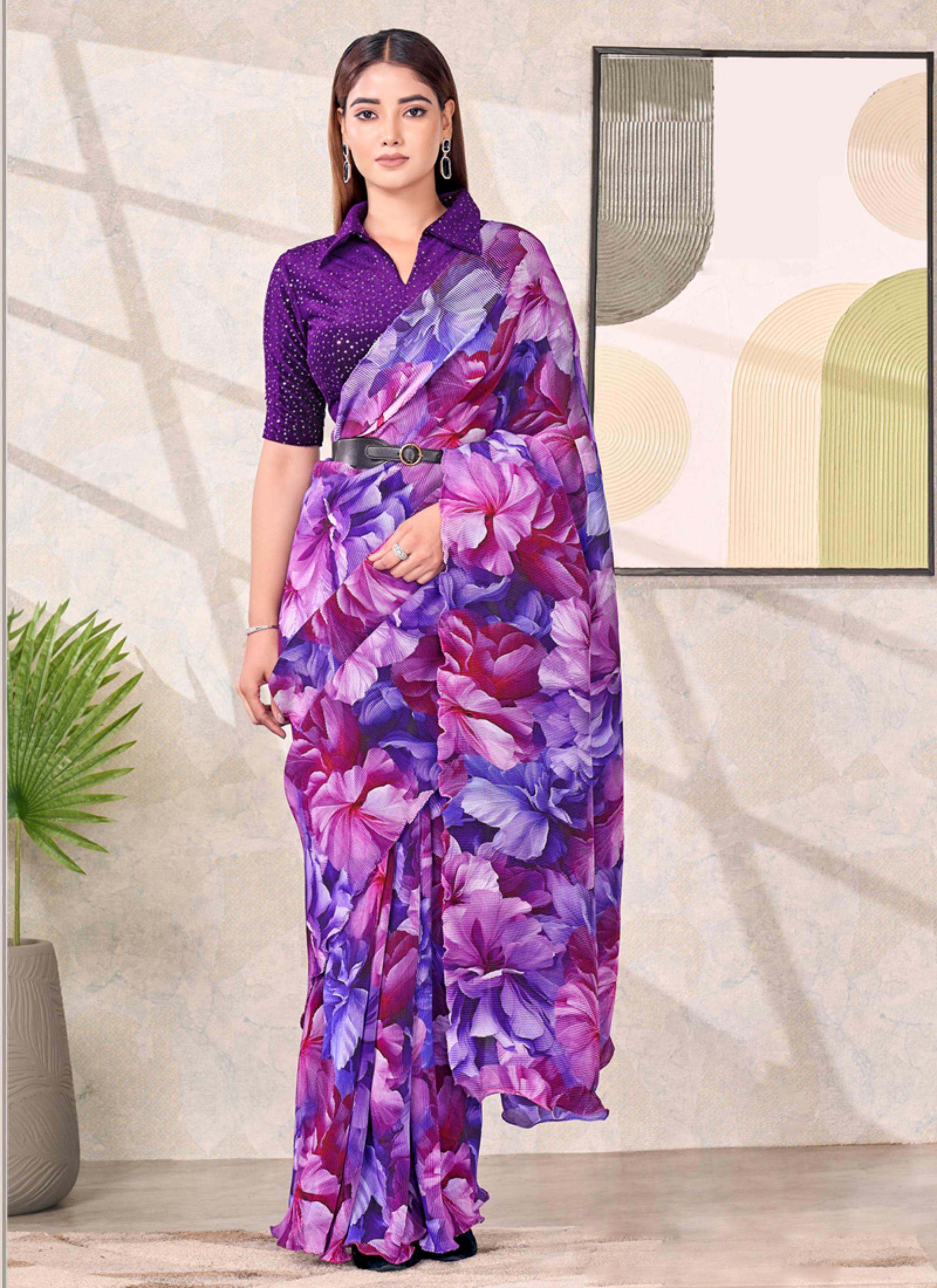 Purple Floral Satin Silk Saree with Velvet Blouse