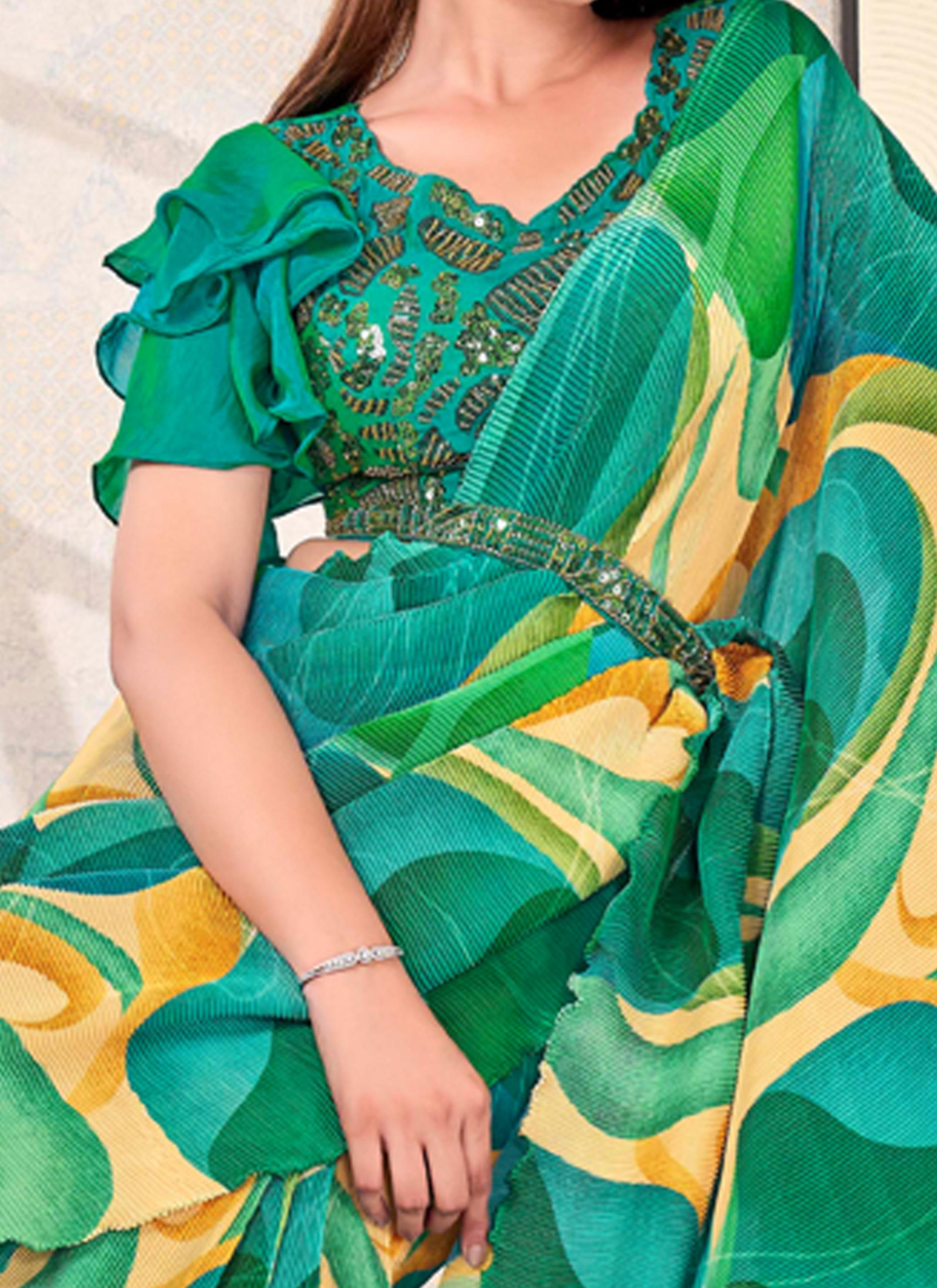 Green Swirl Satin Silk Saree