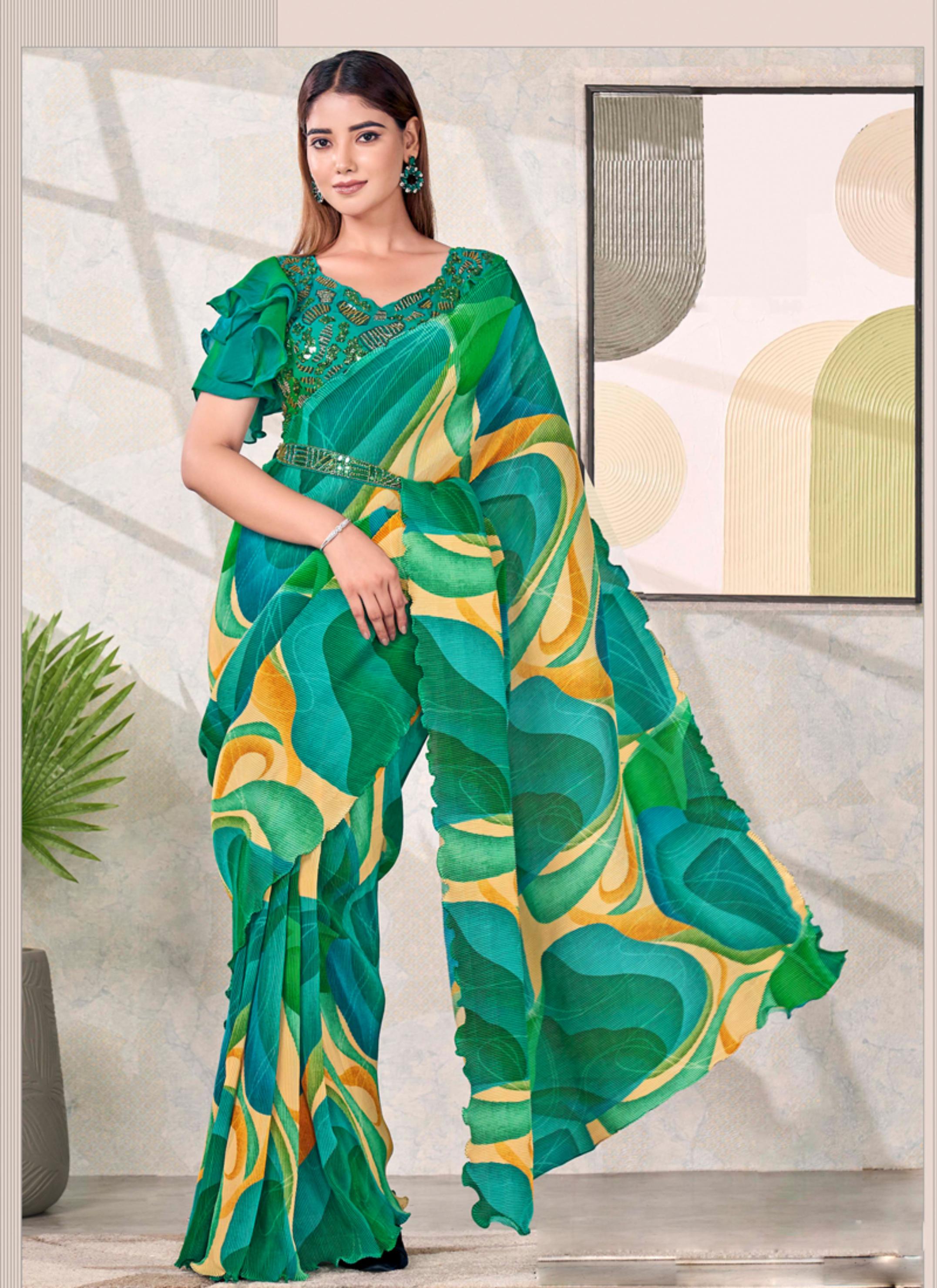 Green Swirl Satin Silk Saree