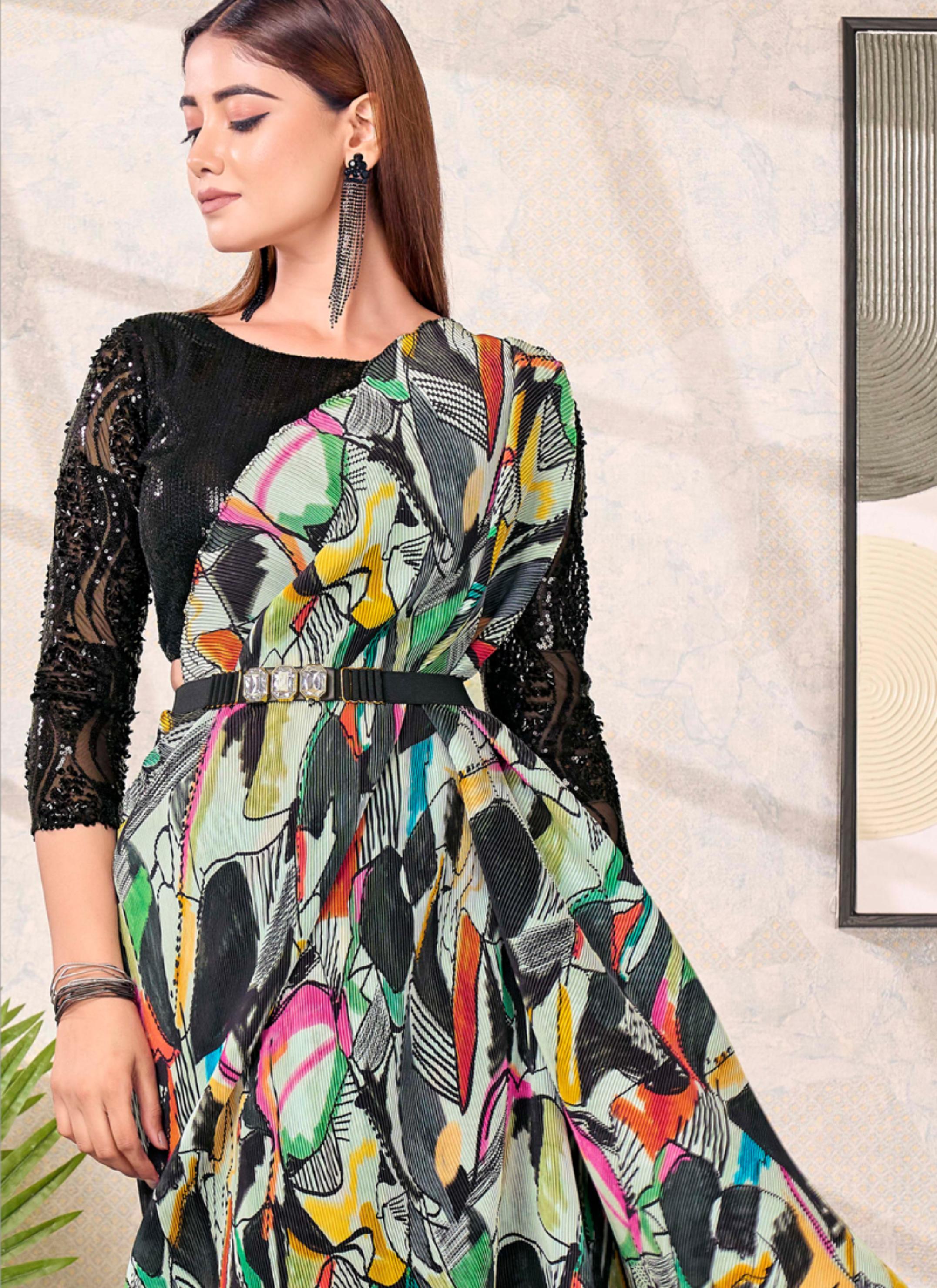 Multicolour Abstract Satin Silk Saree