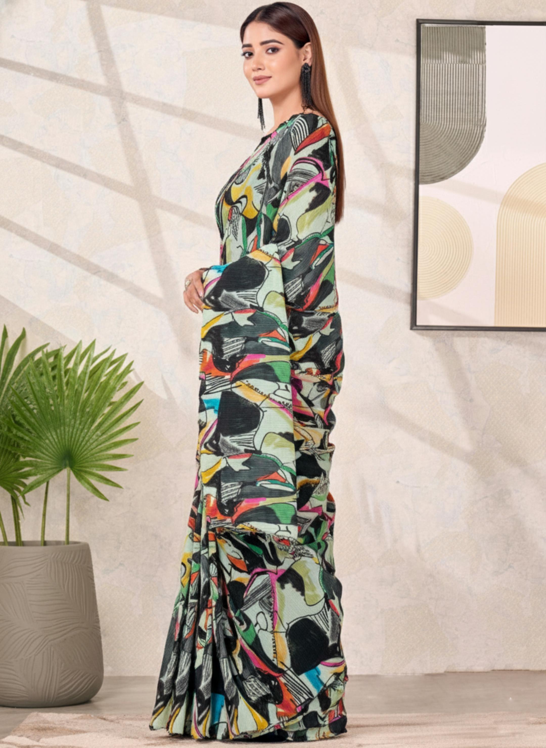 Multicolour Abstract Satin Silk Saree