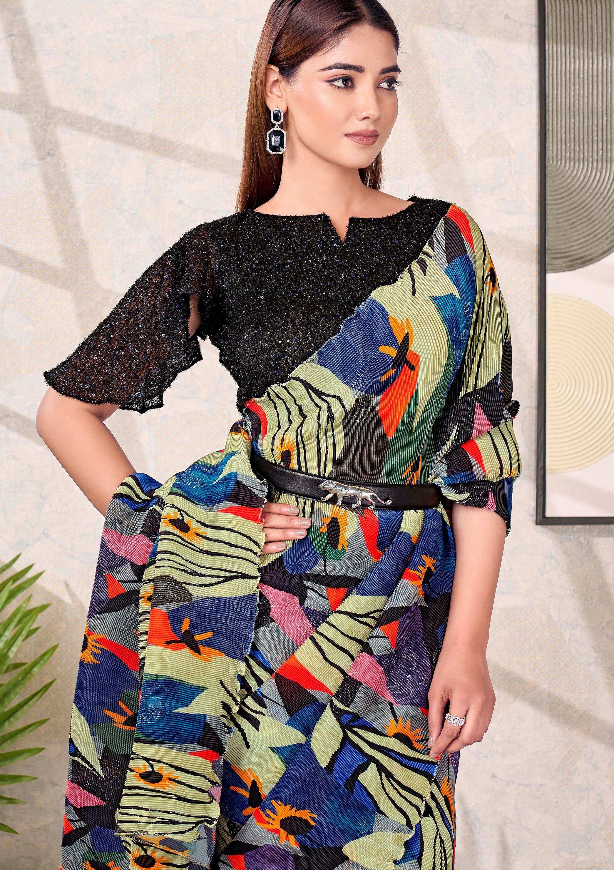 Blue-Green Abstract Satin Silk Saree