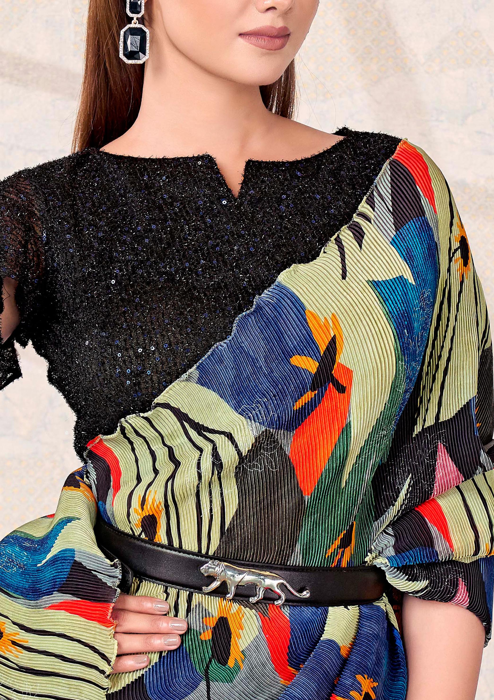 Blue-Green Abstract Satin Silk Saree