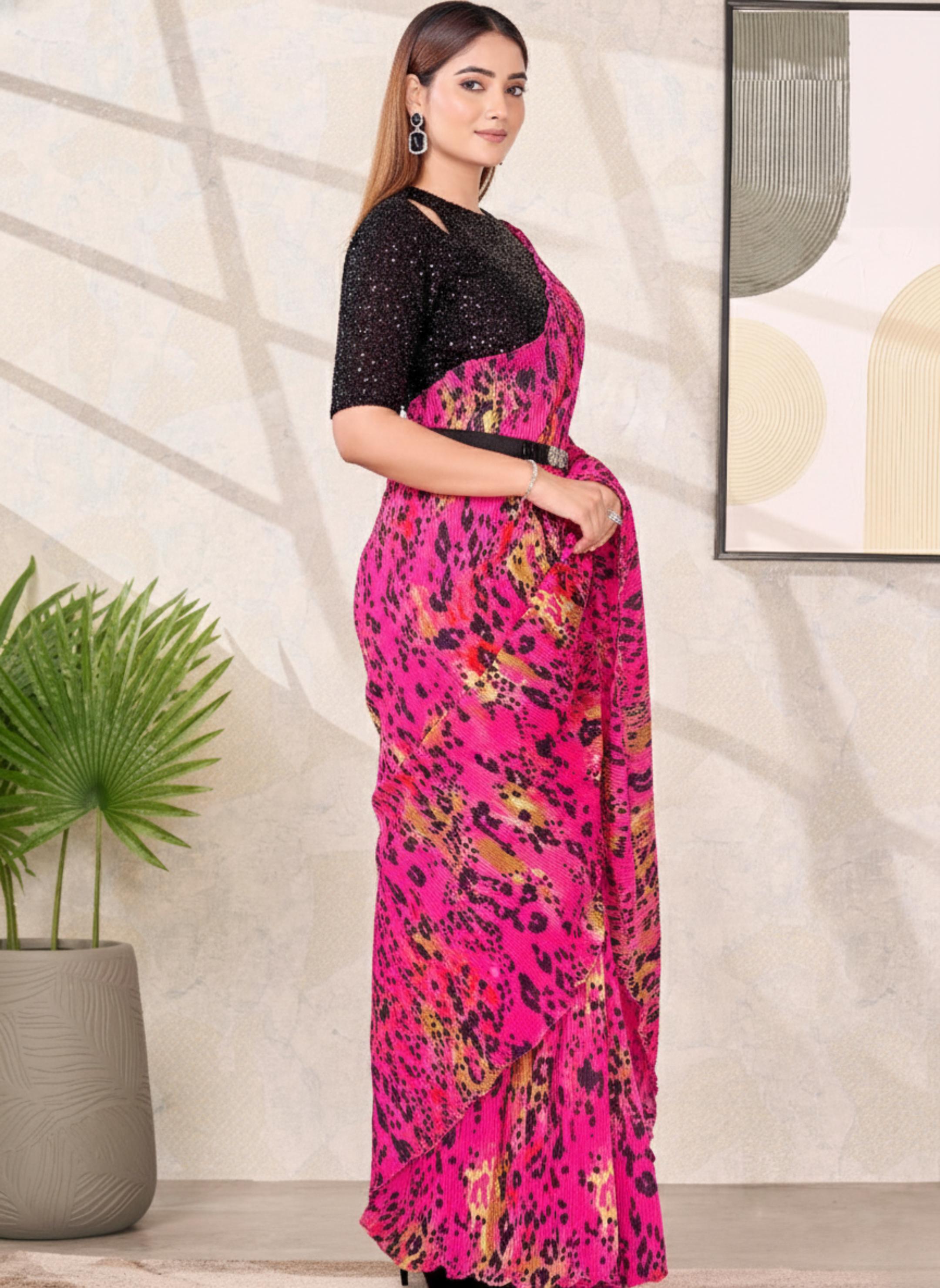 Pink & Black Satin Silk Saree