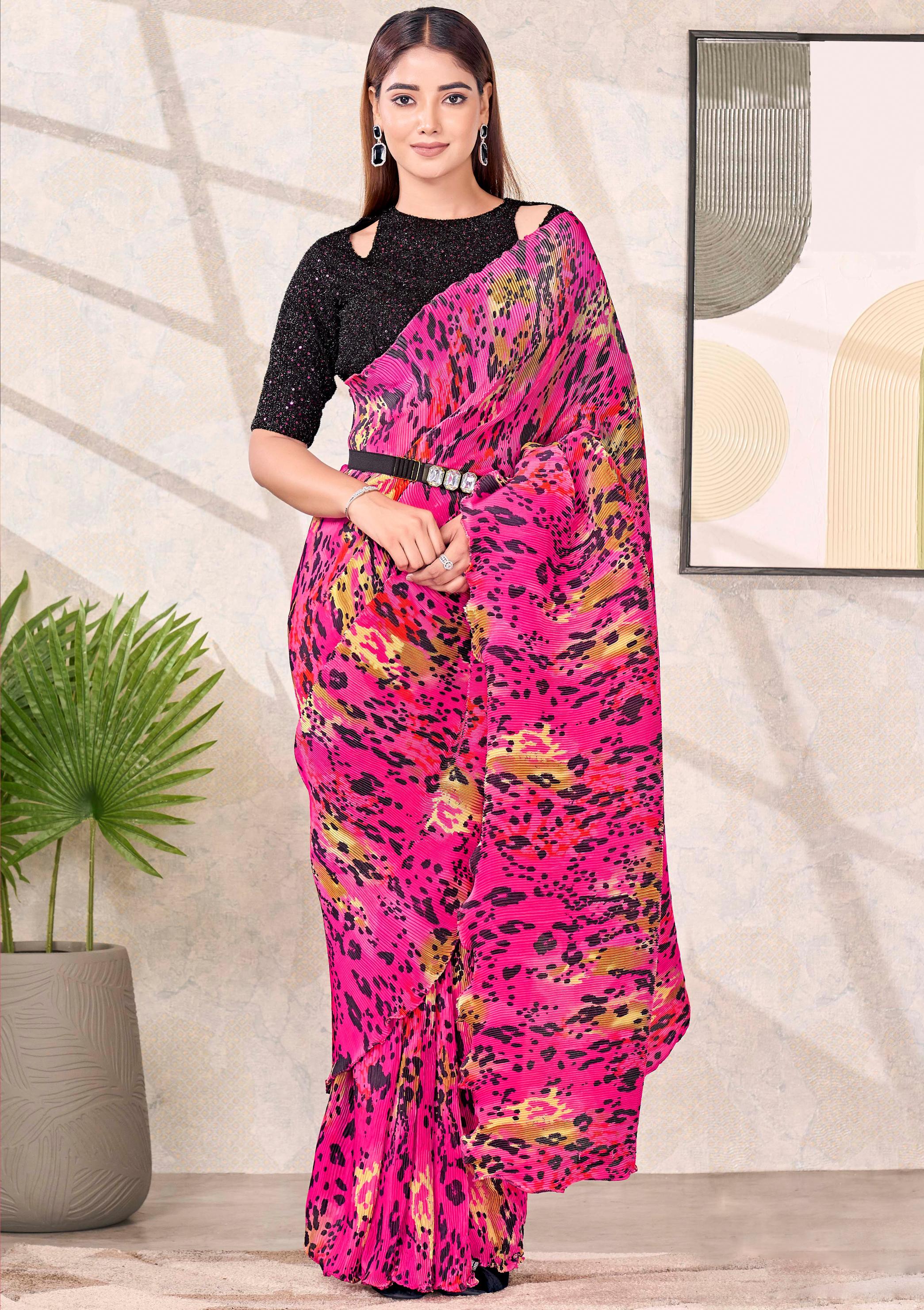 Pink & Black Satin Silk Saree