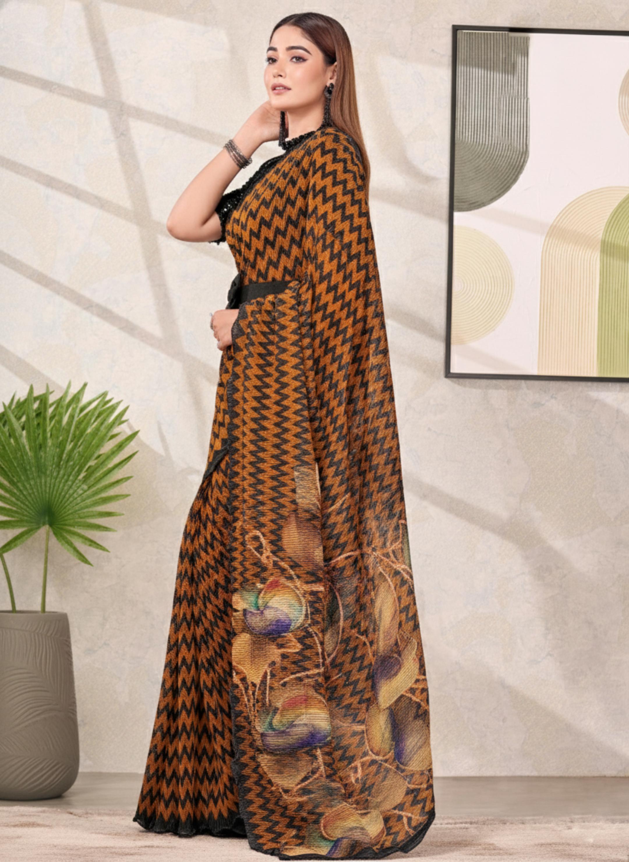 Black & Gold Satin Silk Saree