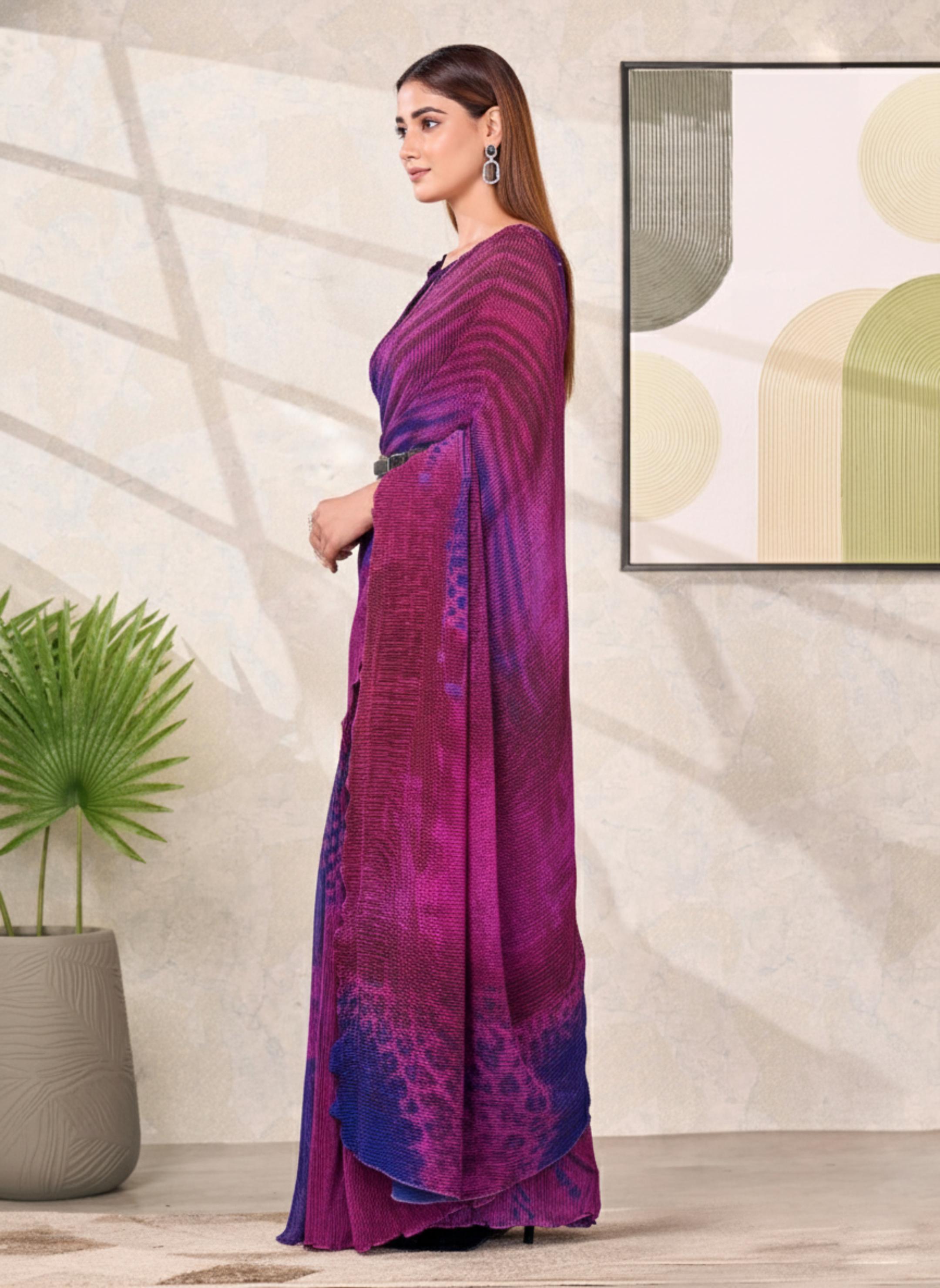 Purple Satin Silk Saree with Belt