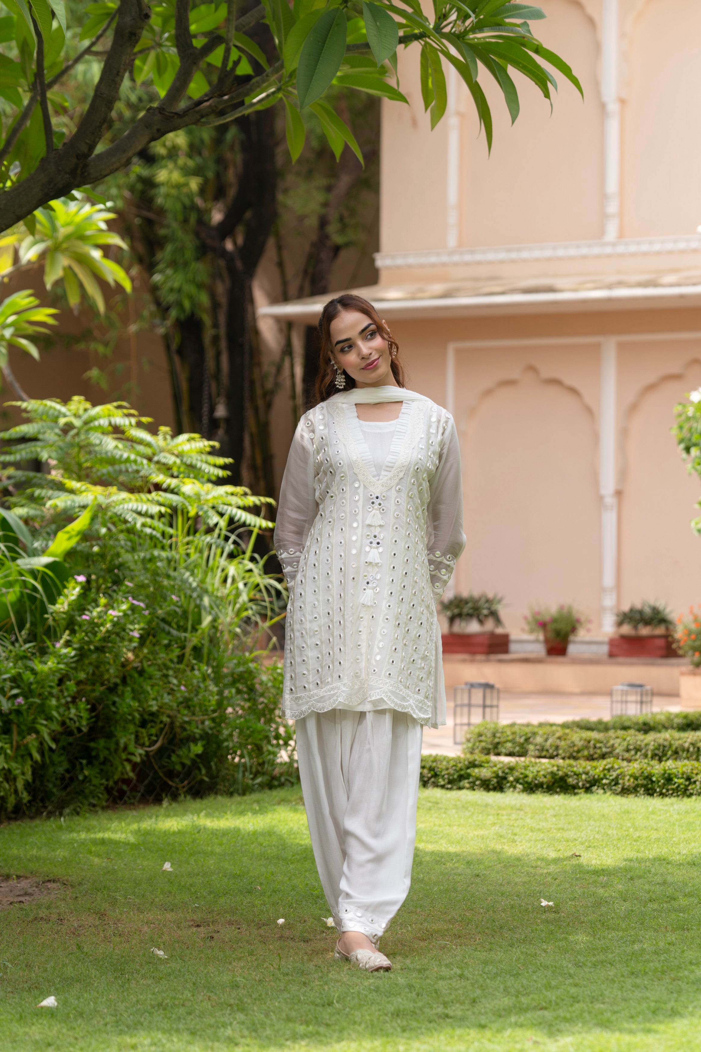 Dove Mirror Work Farshi Salwar Set